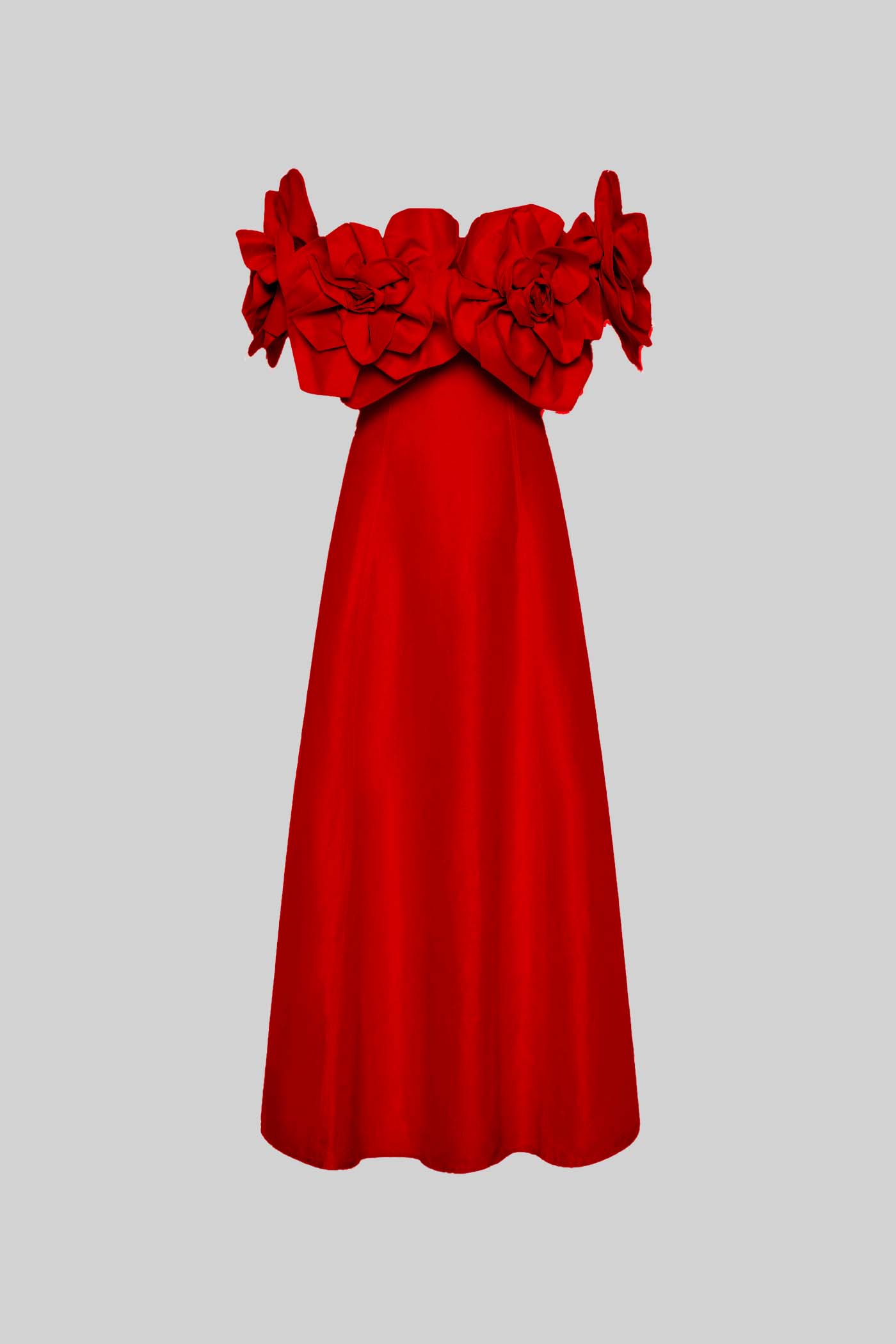 Off-Shoulder Midi Dress With Large Fabric Floral Accents - Red