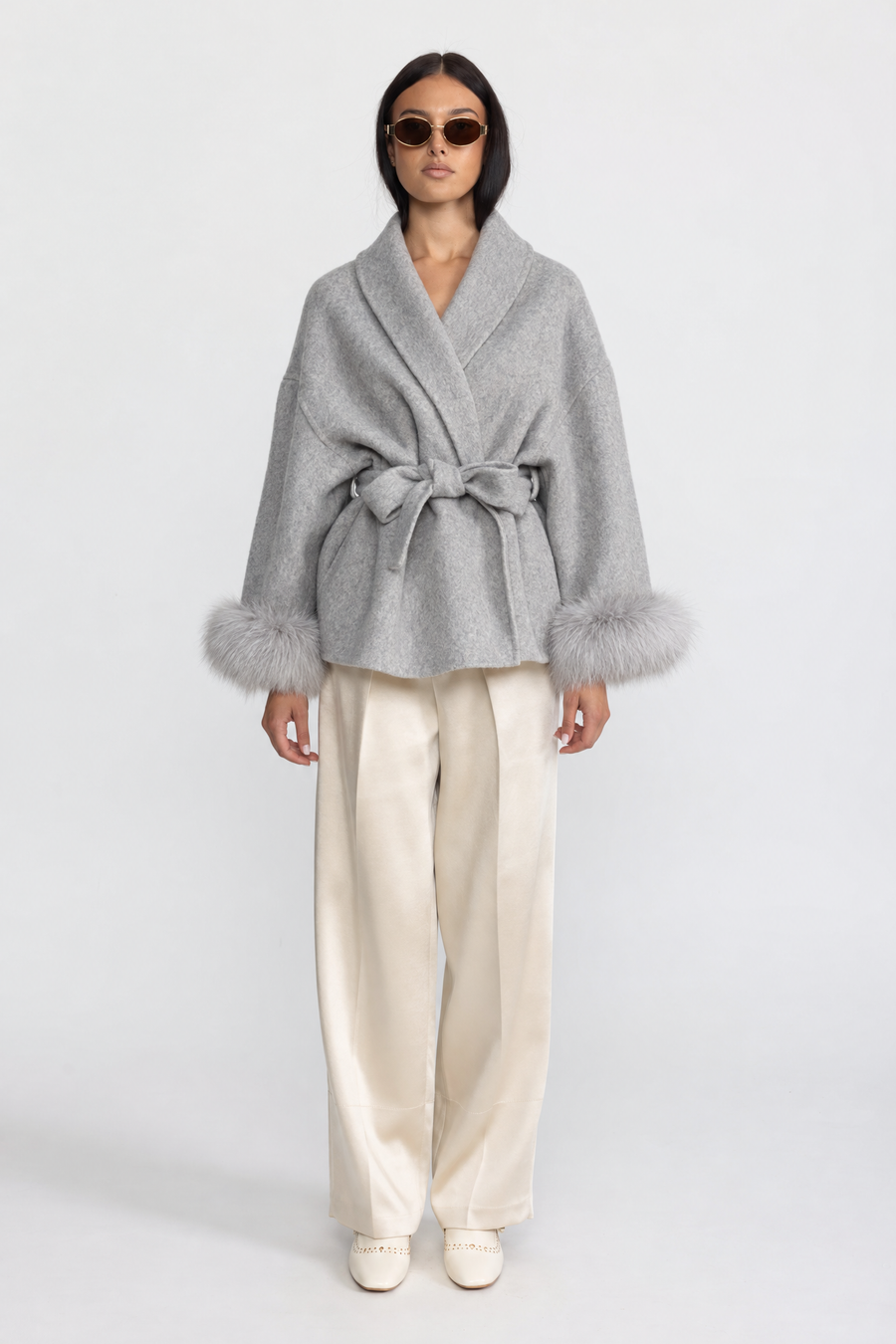 Juliette Wool Blend Wrap Jacket with Fox Fur Cuffs - Grey