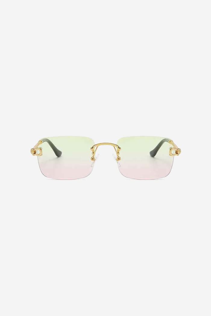 Rimless Square Sunglasses with Twisted Gold Rope Temples – Green/Pink