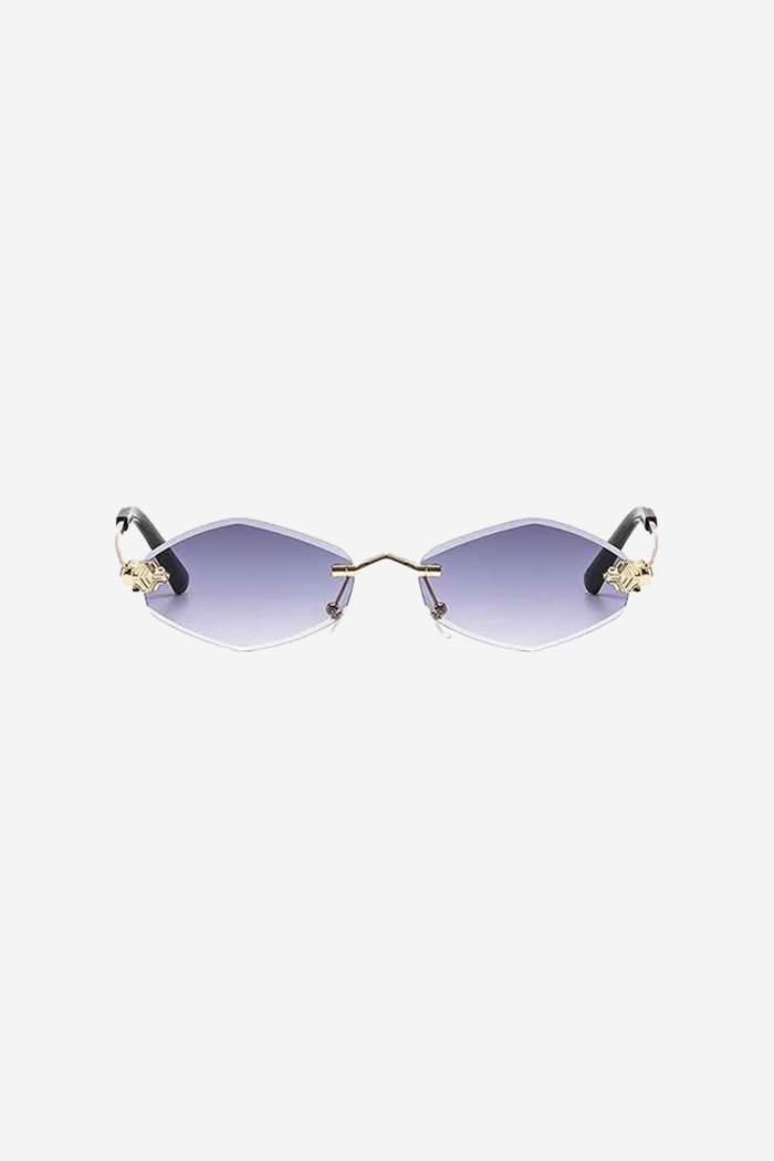Rimless Hexagon Sunglasses with Gold Patterned Temples – Purple