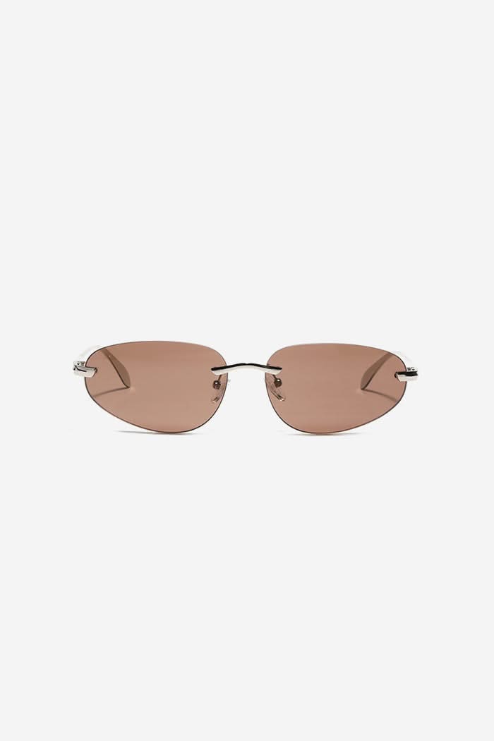 Minimalist Rimless Sunglasses with Sleek Metal Temples and Curved Arms – Brown