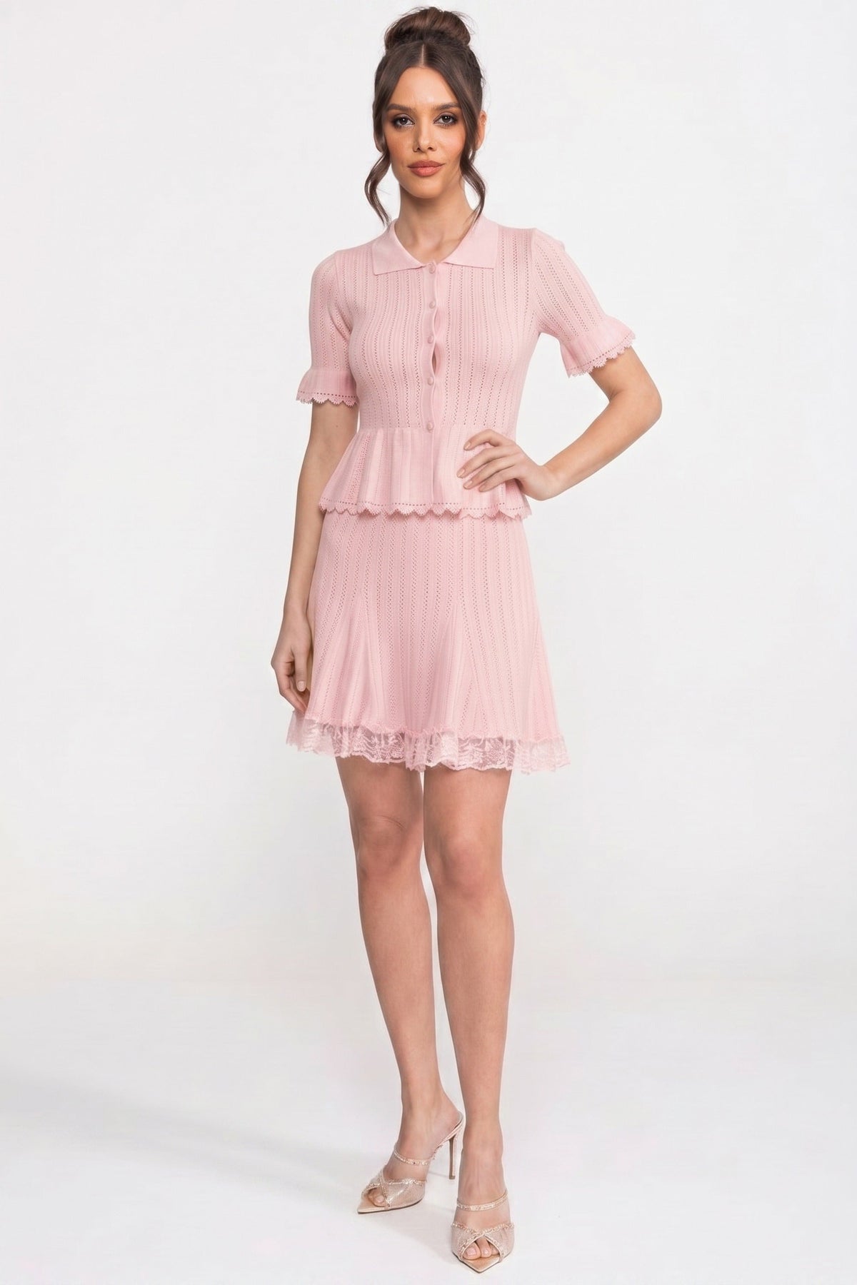 Lucille Pink Peter-Pan Collar Knit Peplum Co-Ord Set With Lace Hem
