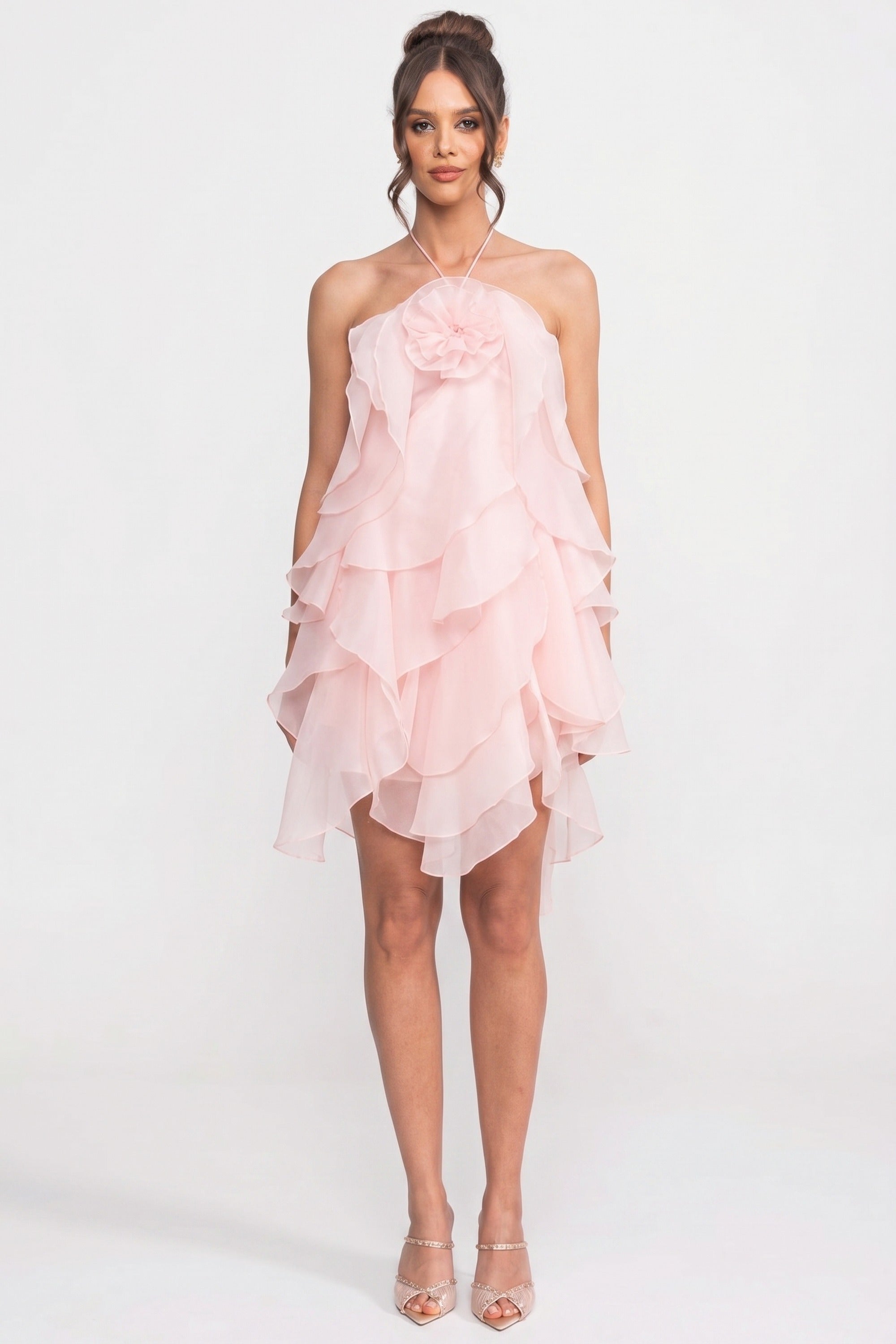 Tiered Ruffle Mini Dress With 3D Floral Halter Neck - Pink