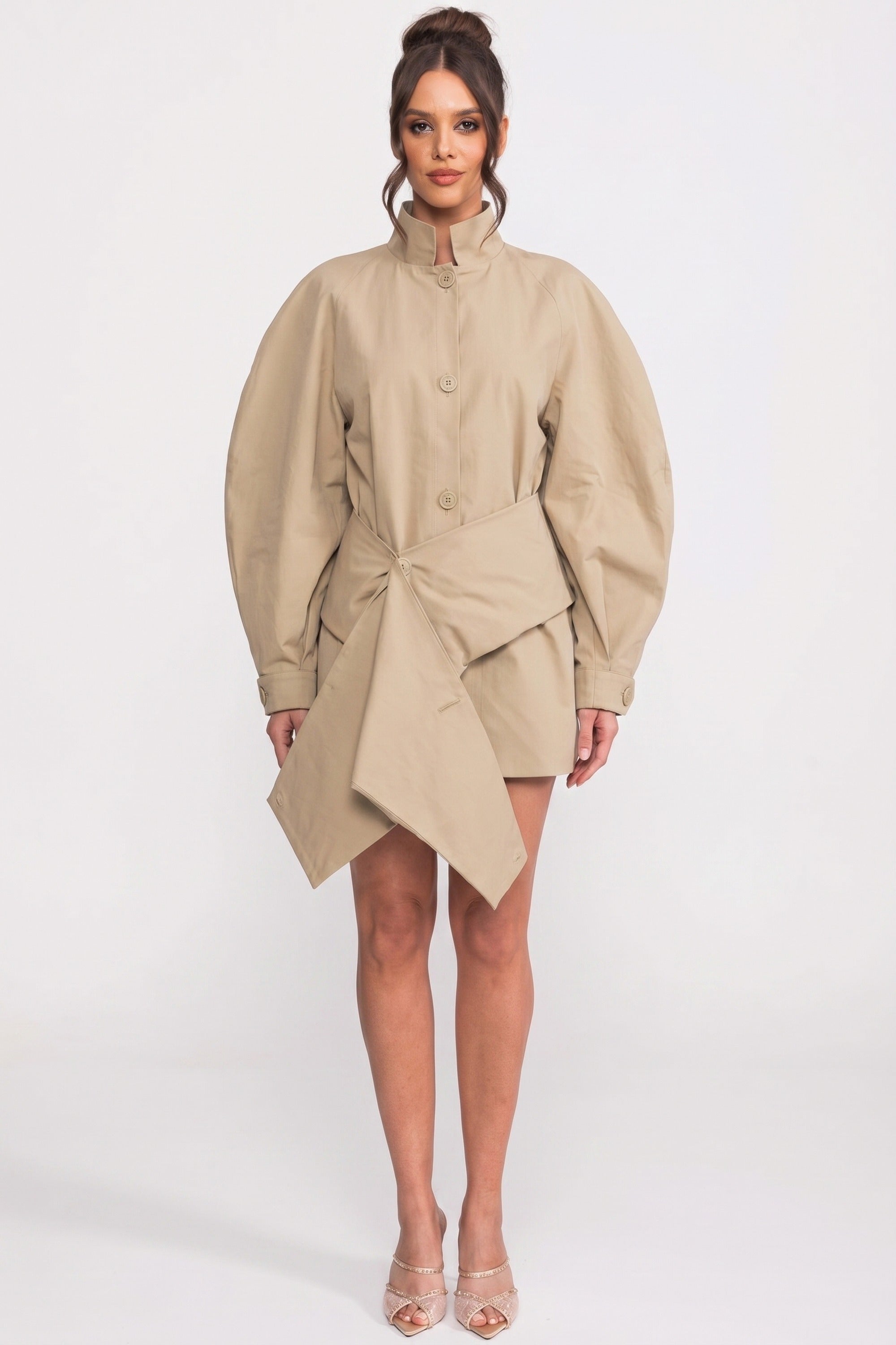 Oversized Balloon-Sleeve Belted Jacket With Asymmetric Hem - Khaki