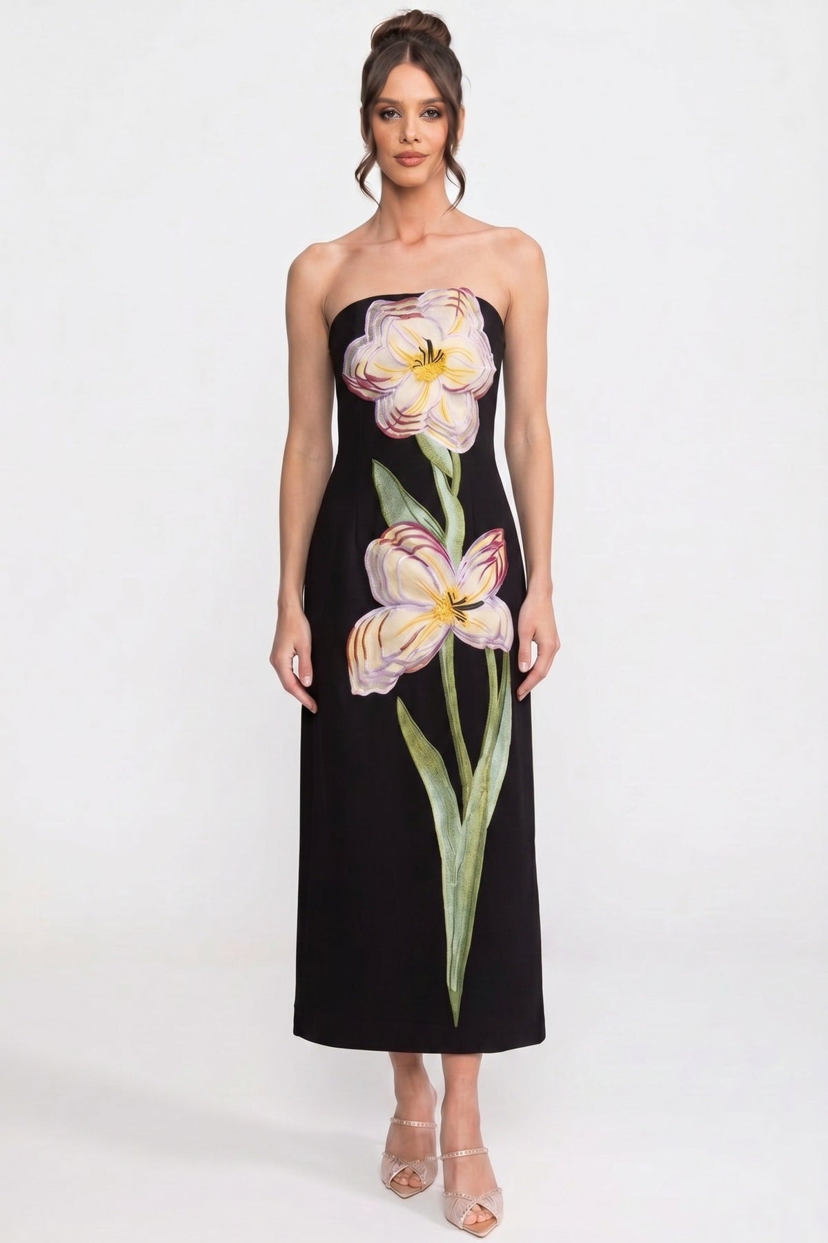 Strapless Floral-Print Maxi Dress With Column Silhouette - Black
