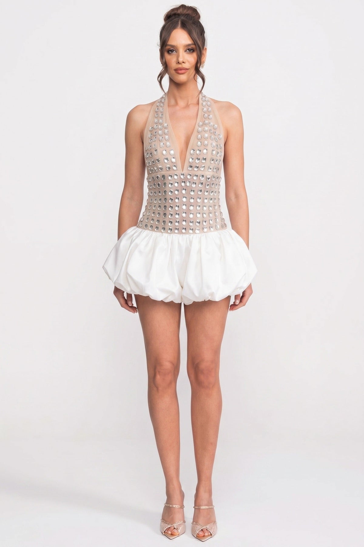 Crystal-Embellished Halter Mini Dress With Bubble Skirt - White