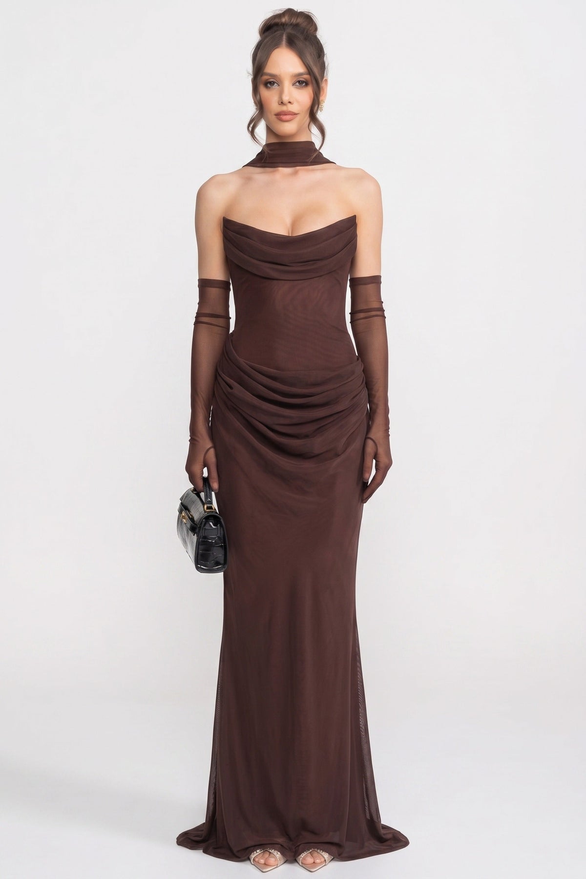 Strapless Draped Maxi Gown With Cowl Neckline And Sheer Scarf - Brown