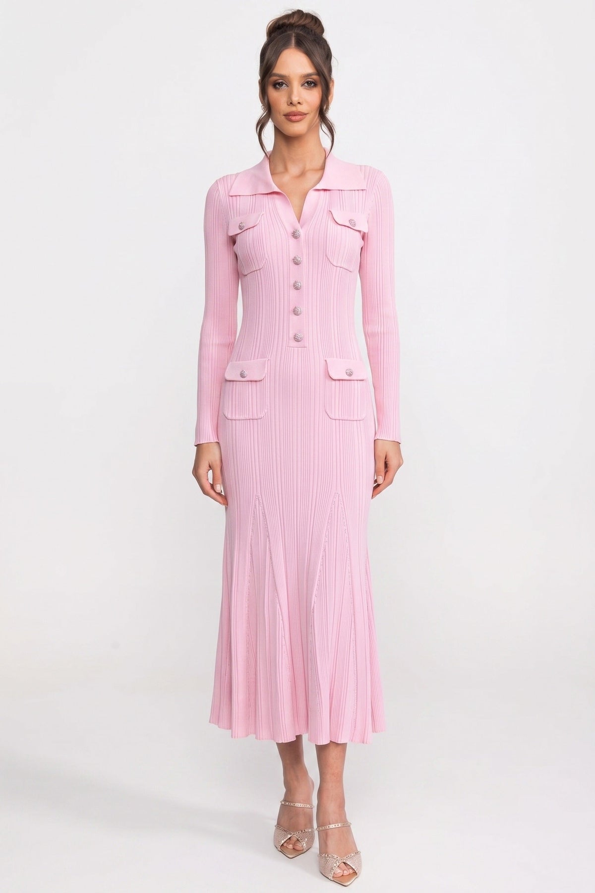 Faustine Pink Long-Sleeve Button-Front Knit Maxi Dress With Patch Pockets