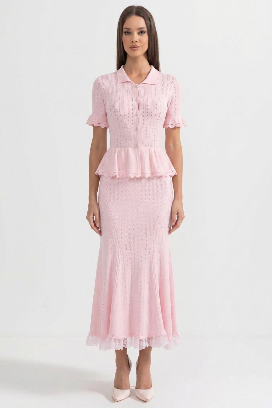 Ludivine Pink Peter-Pan Collar Knit Peplum Maxi Dress With Lace Hem