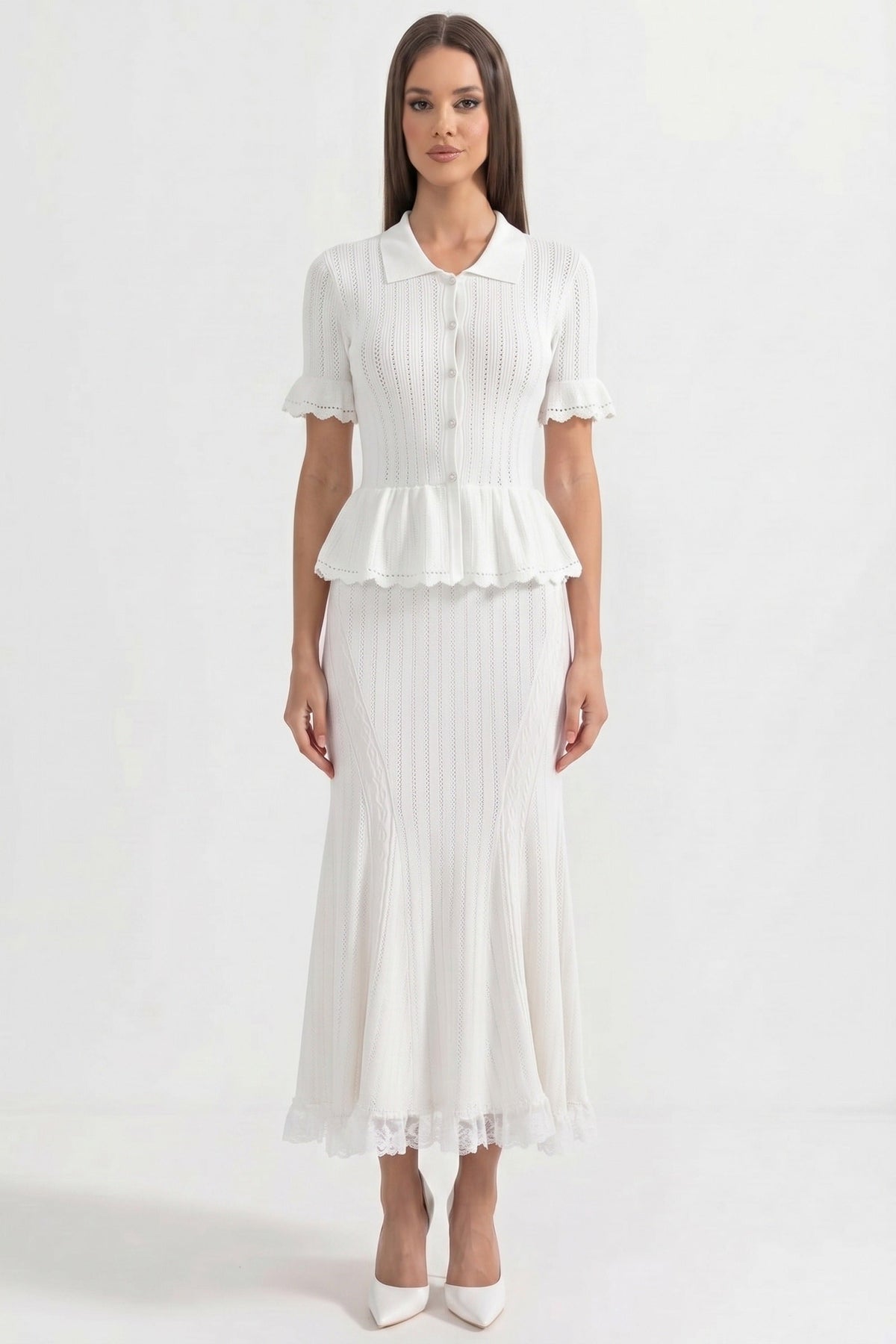 Ludivine White Peter-Pan Collar Knit Peplum Maxi Dress With Lace Hem