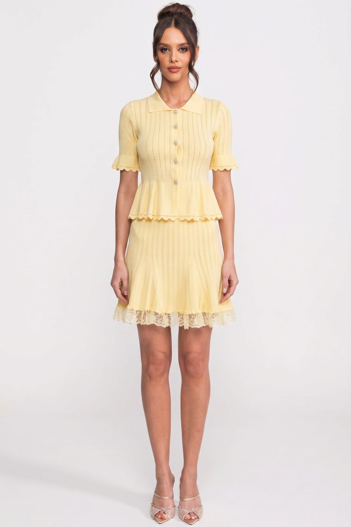 Lucille Yellow Peter-Pan Collar Knit Peplum Co-Ord Set With Lace Hem