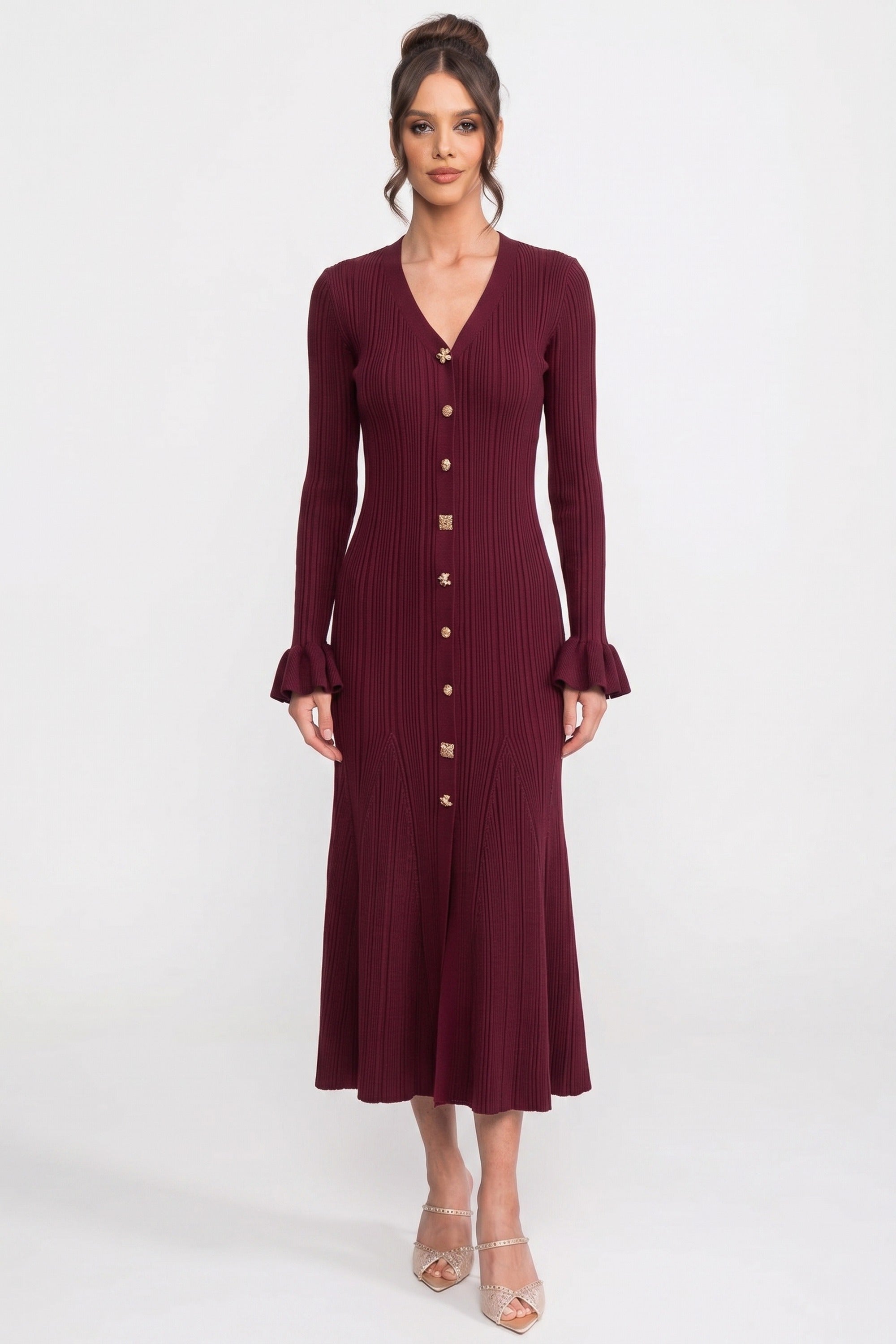 V-Neck Button-Front Ribbed Knit Maxi Dress With Ruffle Cuffs - Burgundy