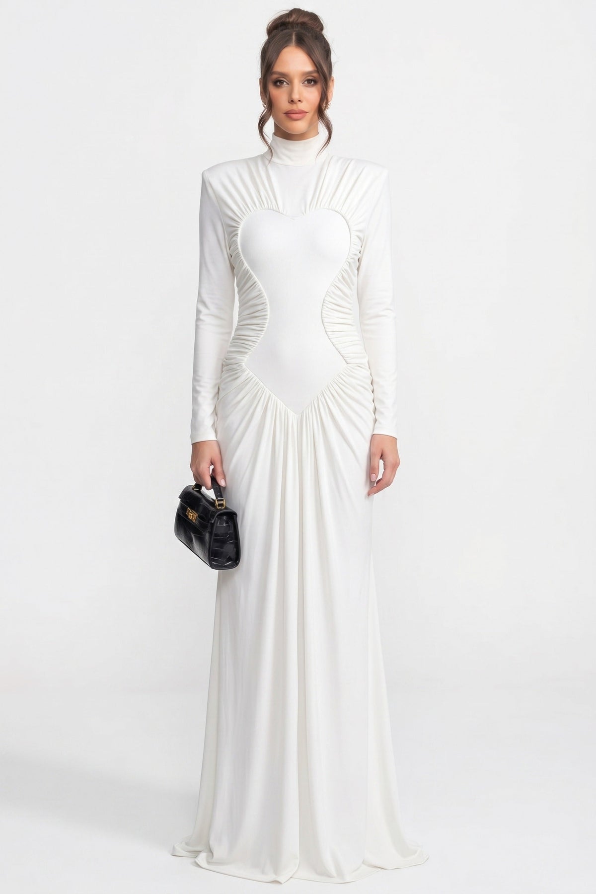 High-Neck Long-Sleeve Ruched Mermaid Gown With Diagonal Drape - White