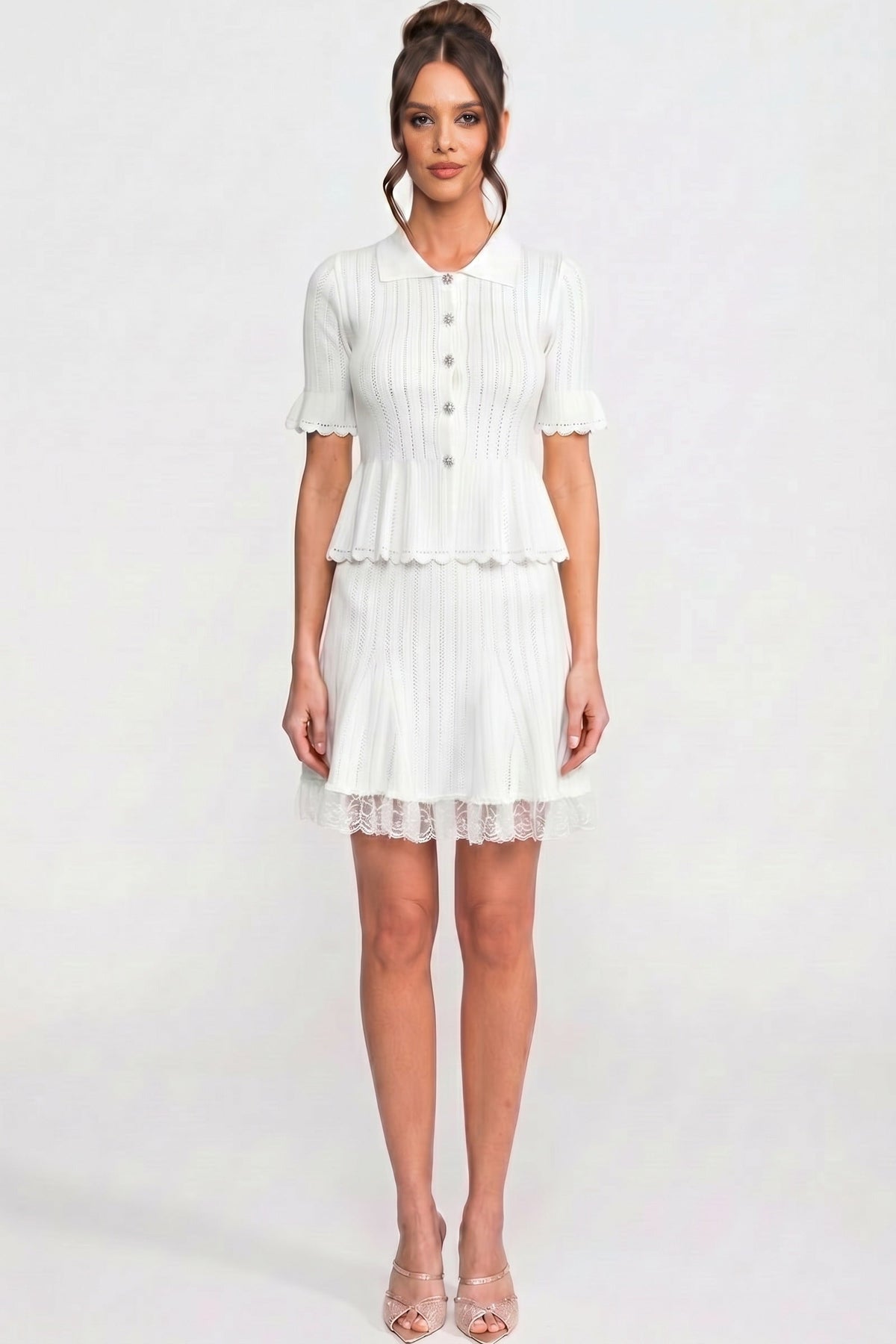 Lucille White Peter-Pan Collar Knit Peplum Co-Ord Set With Lace Hem