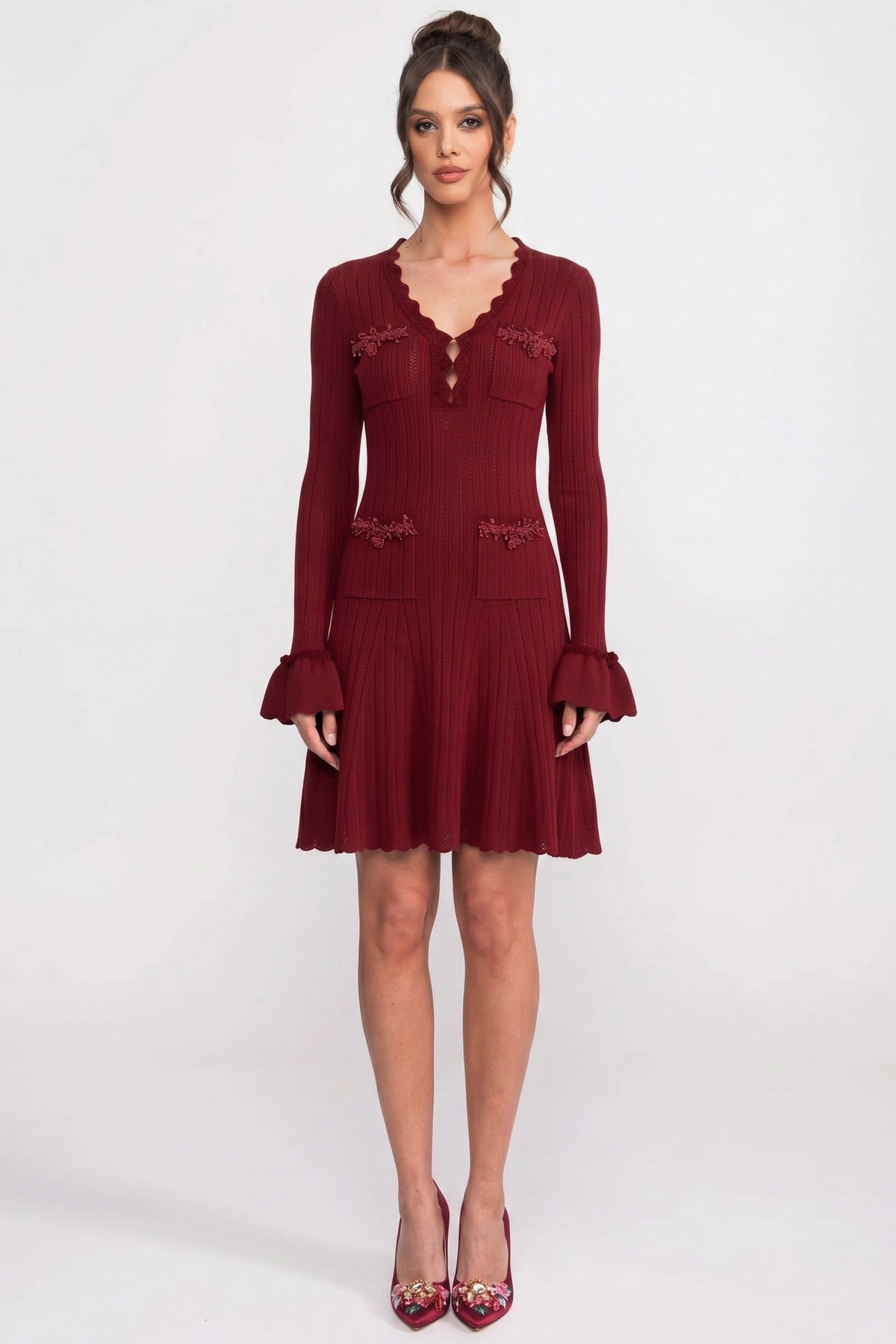Henriette Burgundy Long-Sleeve V-Neck Knit Mini Dress With Ruffle Hem And Bow Cuffs
