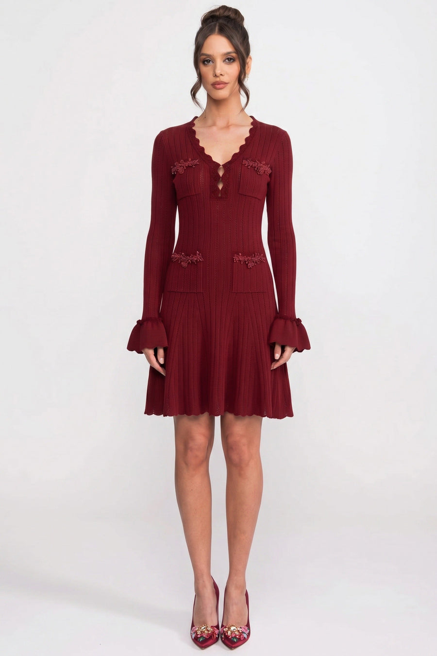 Henriette Burgundy Long-Sleeve V-Neck Knit Mini Dress With Ruffle Hem And Bow Cuffs