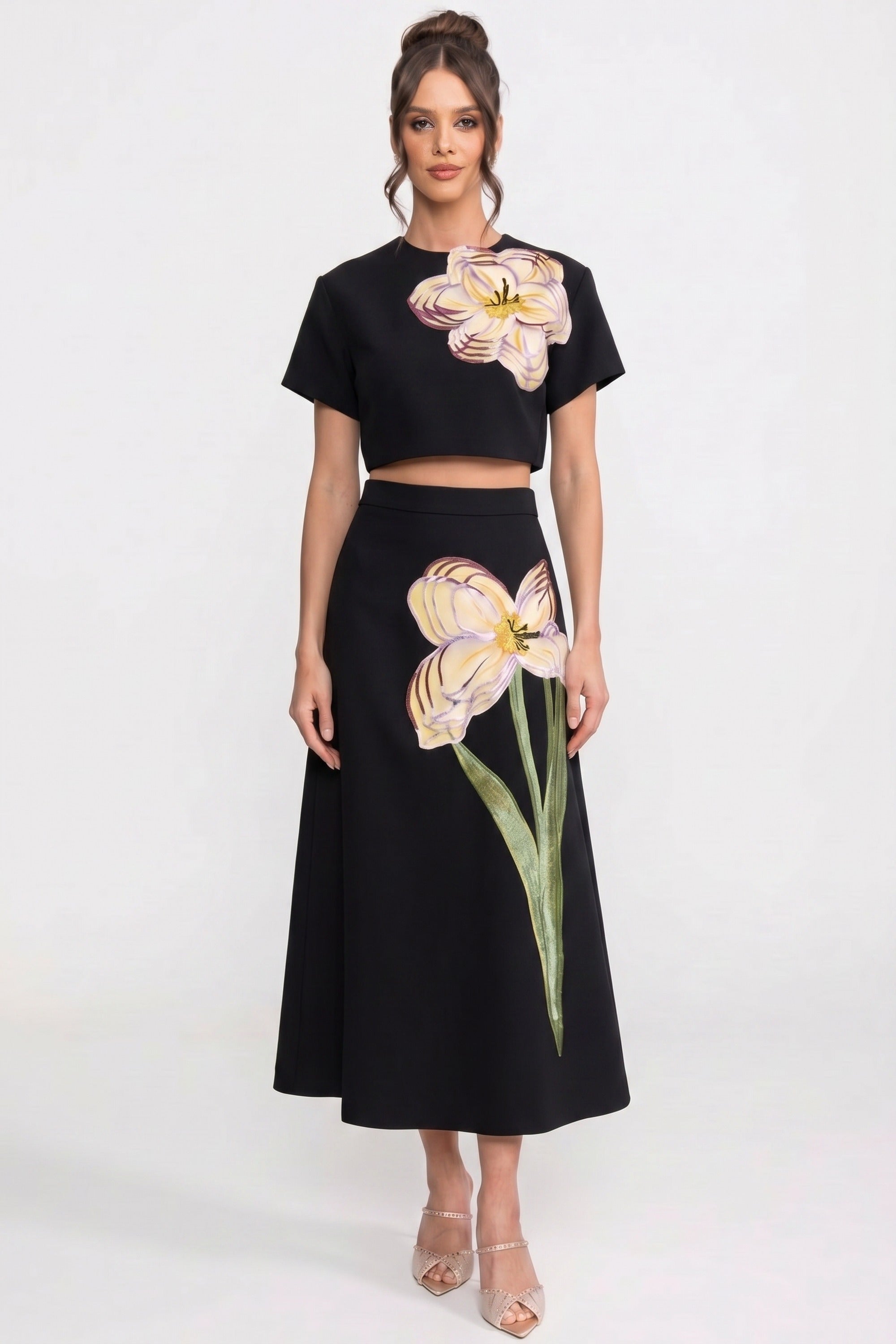 Short-Sleeve Floral-Print Co-Ord Set With Crop Top And Maxi Skirt - White