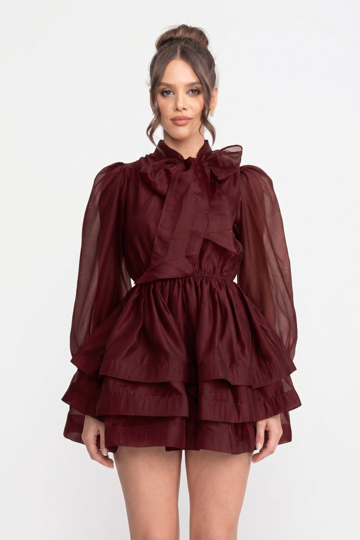 High-Neck Puff-Sleeve Mini Dress With Tiered Ruffle Skirt And Bow - Wine