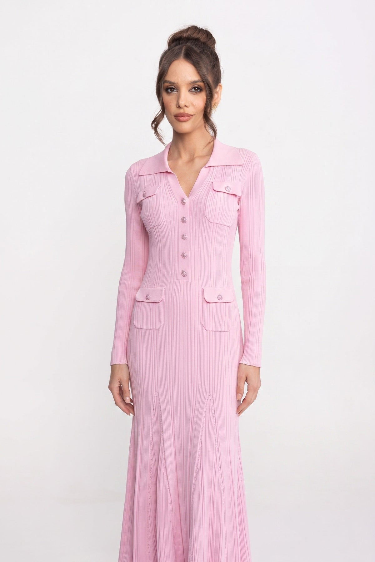 Faustine Pink Long-Sleeve Button-Front Knit Maxi Dress With Patch Pockets