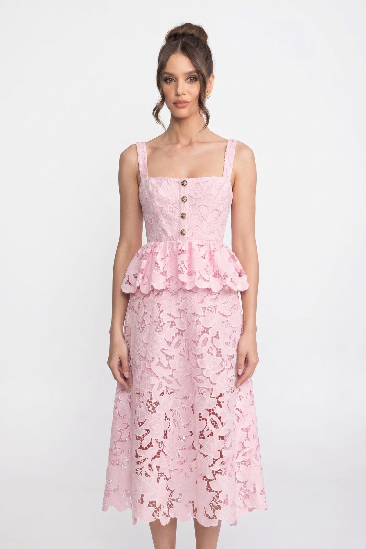 Sleeveless Lace Peplum Dress With Midi Skirt And Golden Buttons - Pink