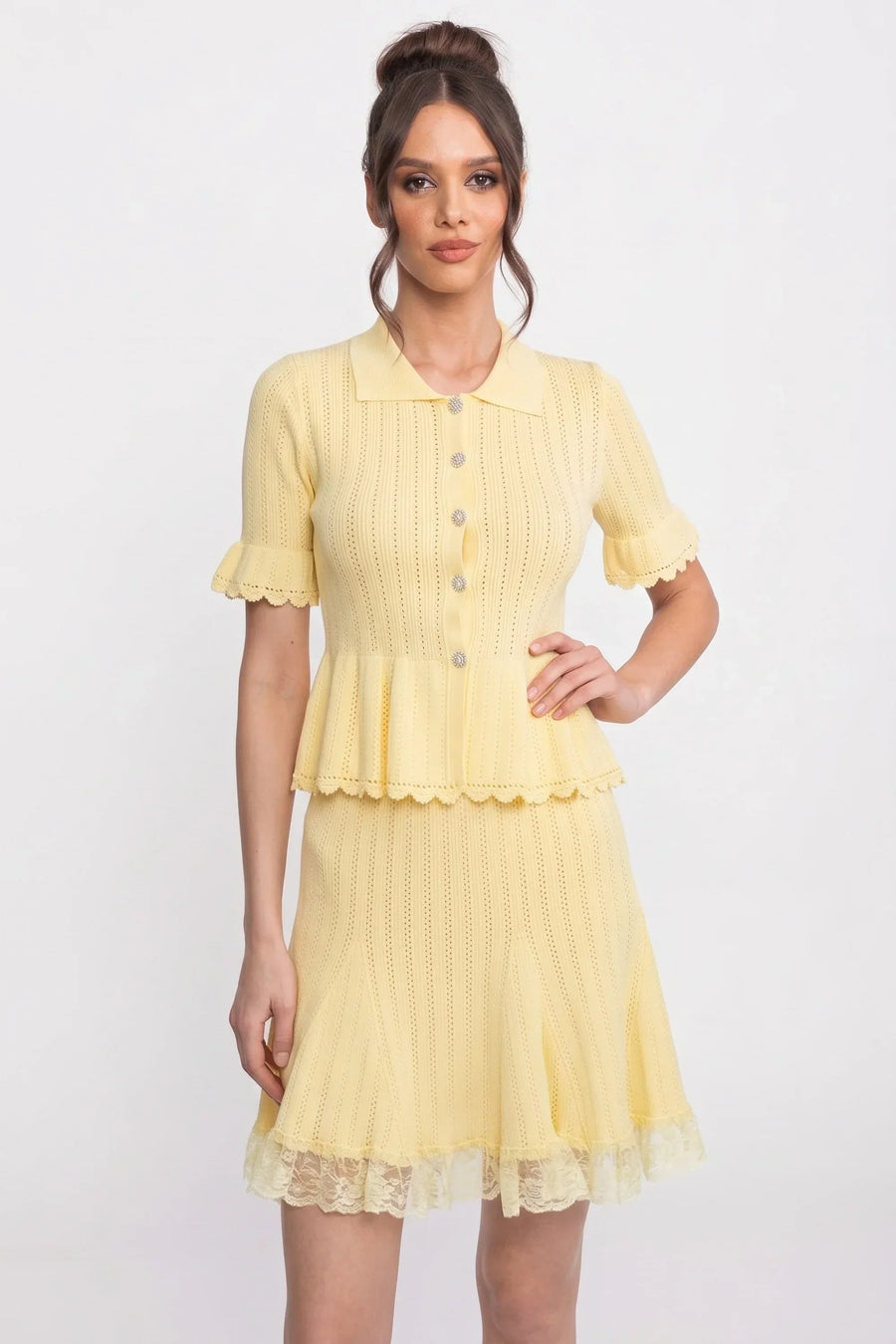 Lucille Yellow Peter-Pan Collar Knit Peplum Co-Ord Set With Lace Hem