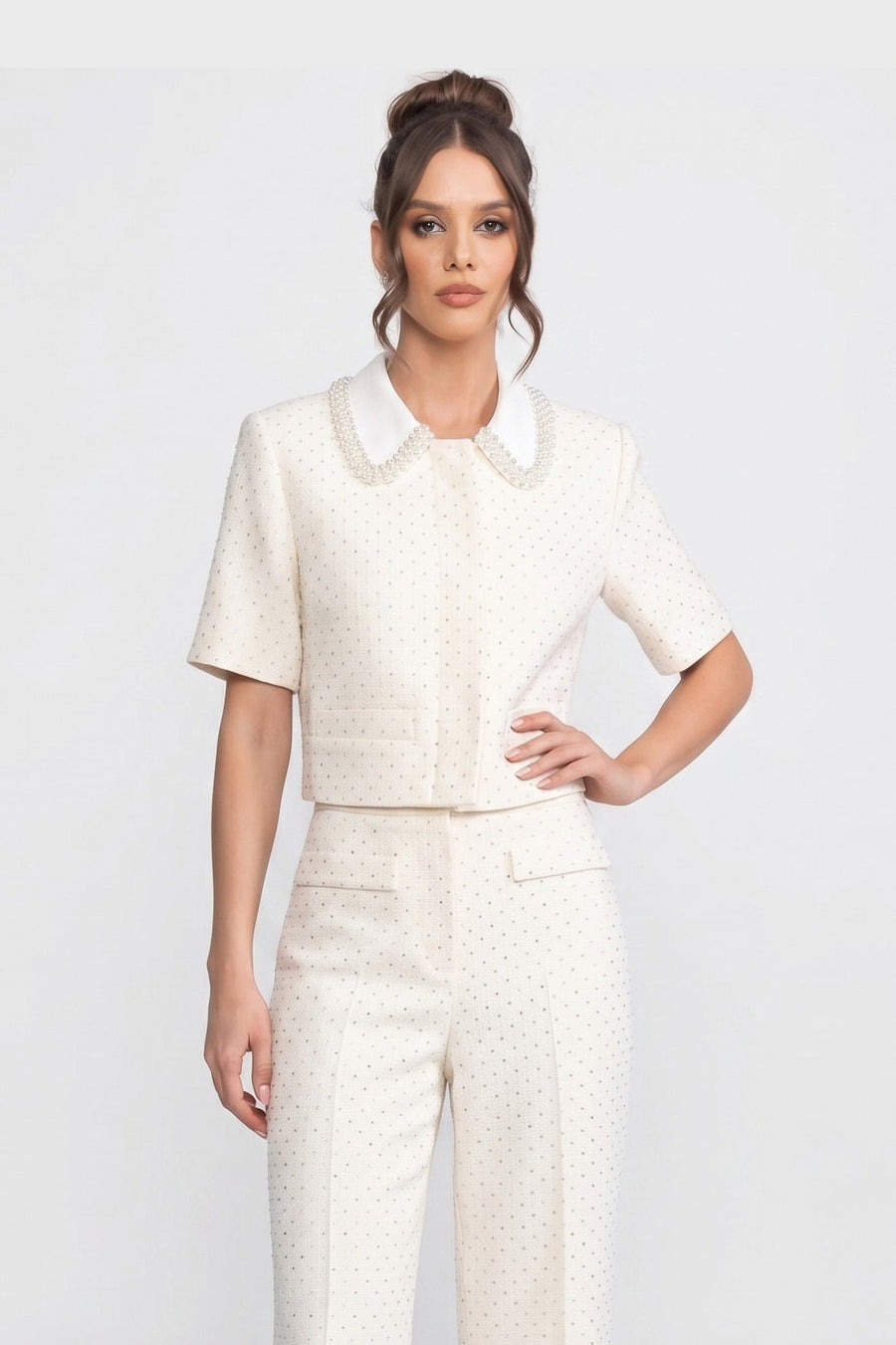 Victoire Ivoire Short-Sleeve Embellished Tweed Cropped Jacket With Crystal Collar