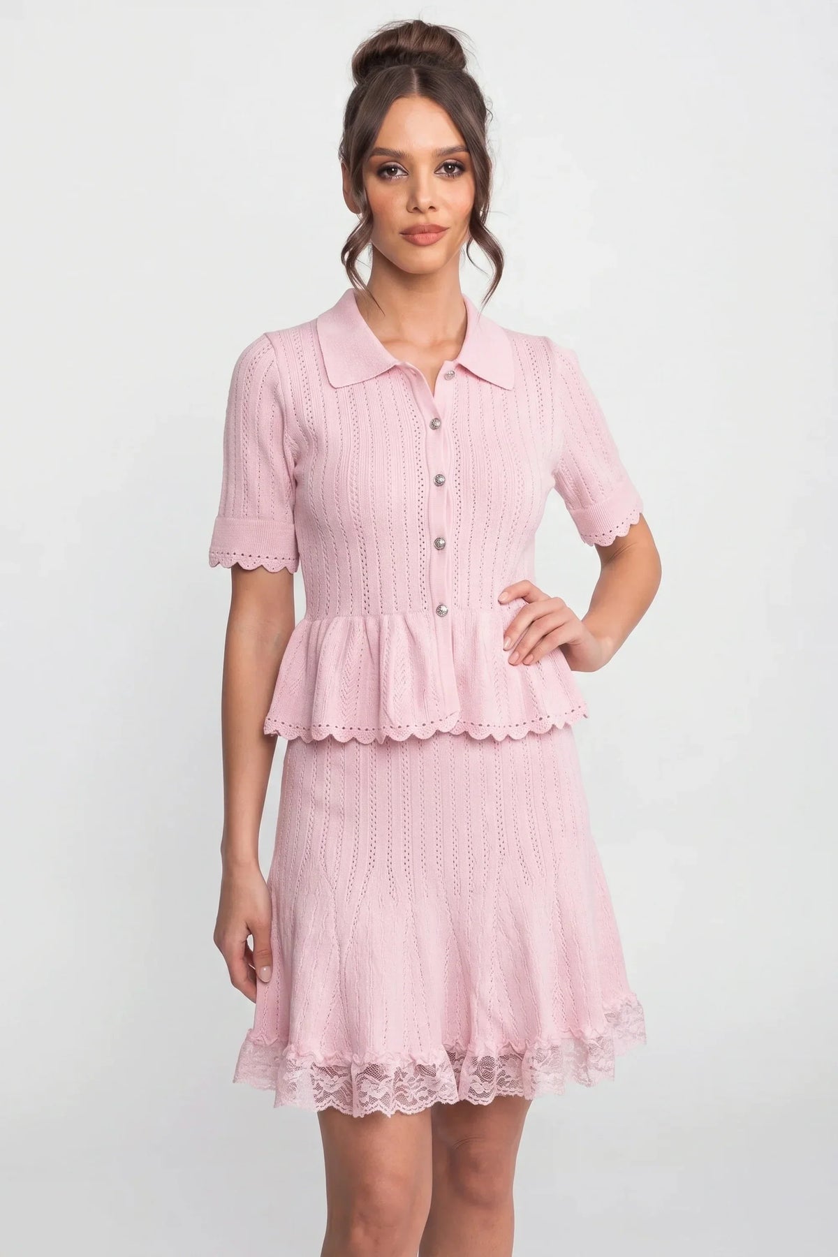 Lucille Pink Peter-Pan Collar Knit Peplum Co-Ord Set With Lace Hem