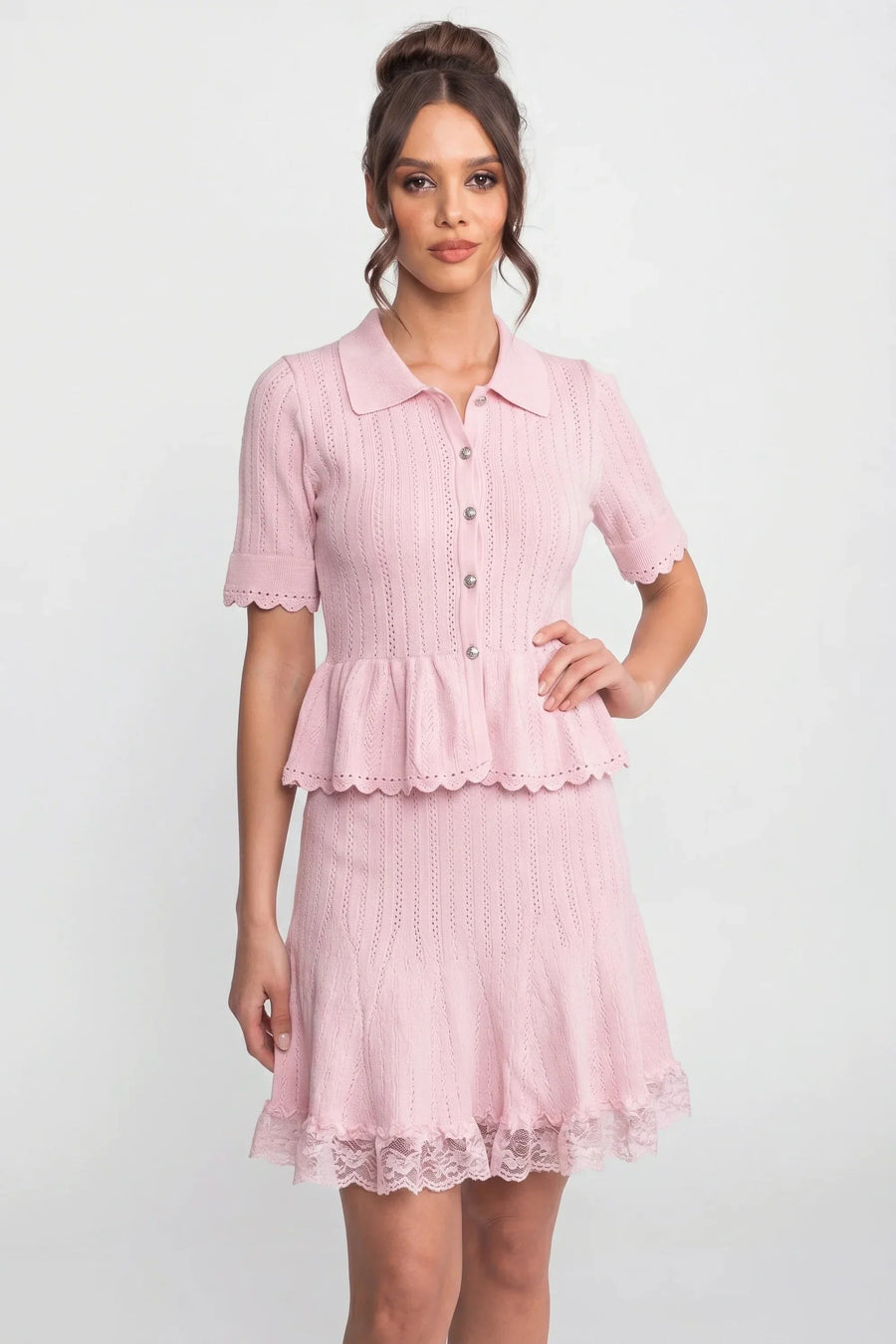 Lucille Pink Peter-Pan Collar Knit Peplum Co-Ord Set With Lace Hem