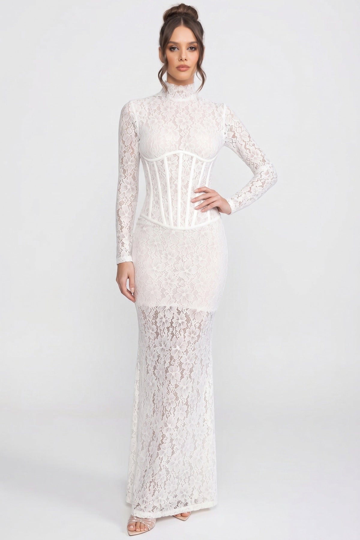 High-Neck Long-Sleeve Lace Maxi Dress With Column Silhouette - White