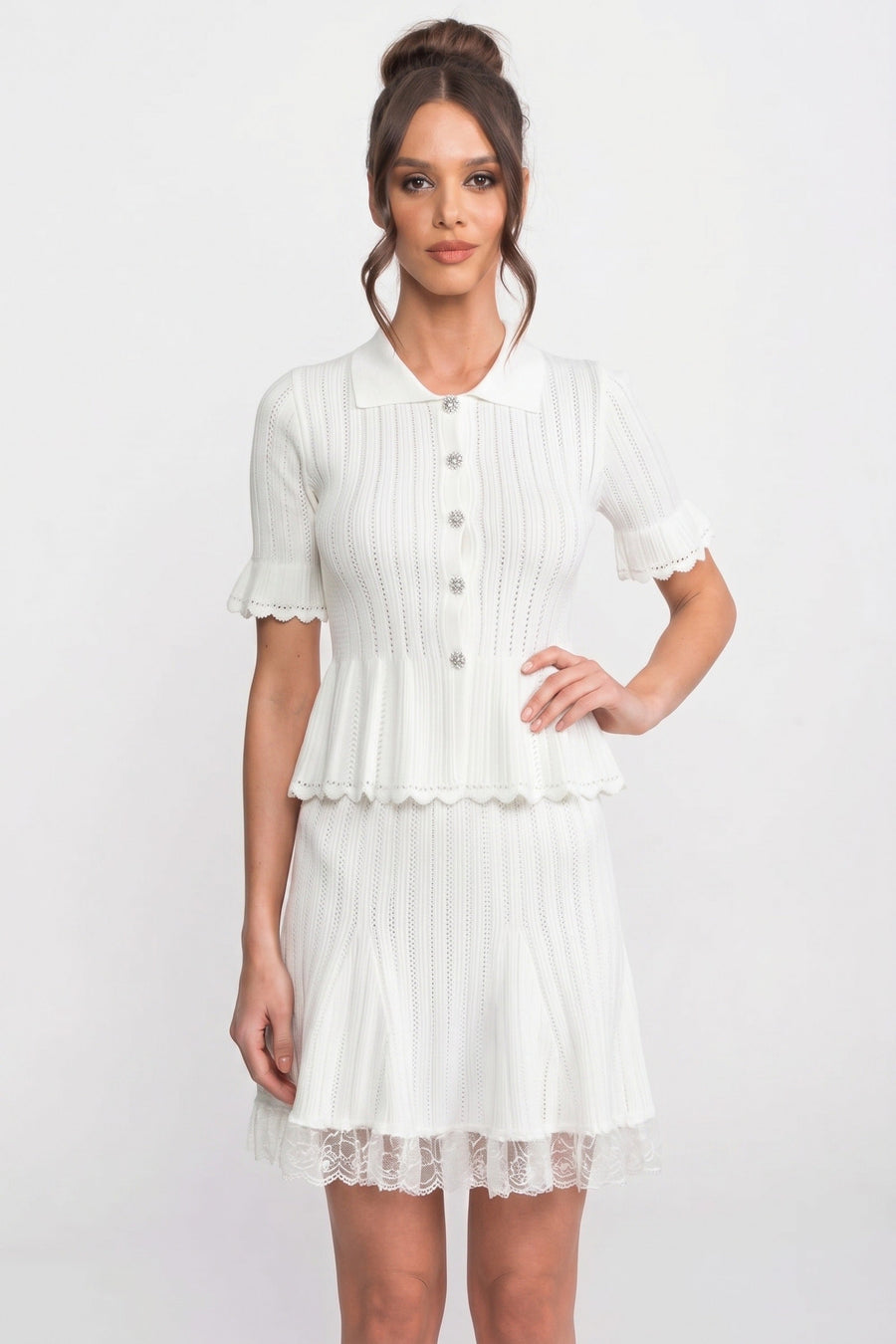Lucille White Peter-Pan Collar Knit Peplum Co-Ord Set With Lace Hem