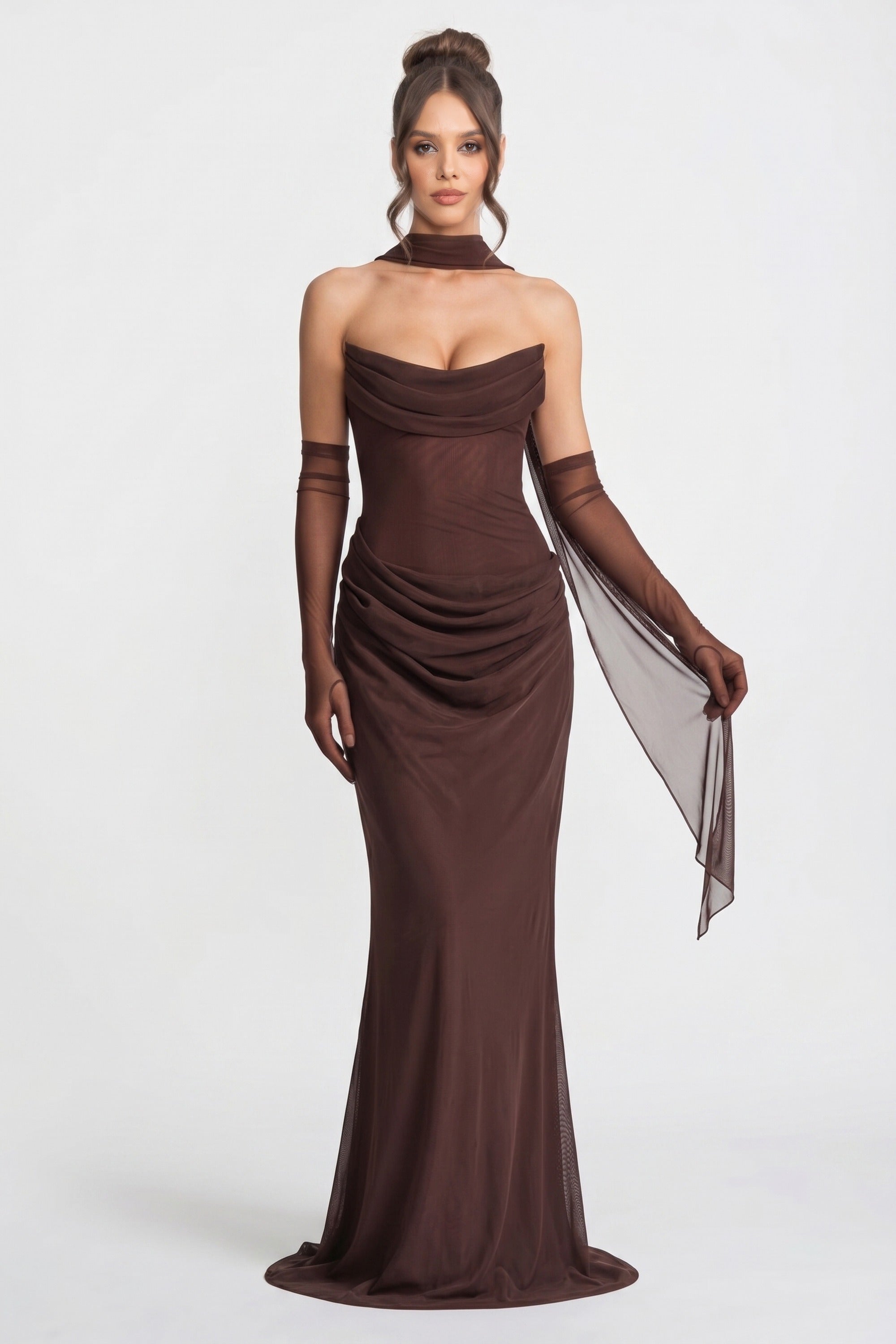 Strapless Draped Maxi Gown With Cowl Neckline And Sheer Scarf - Brown