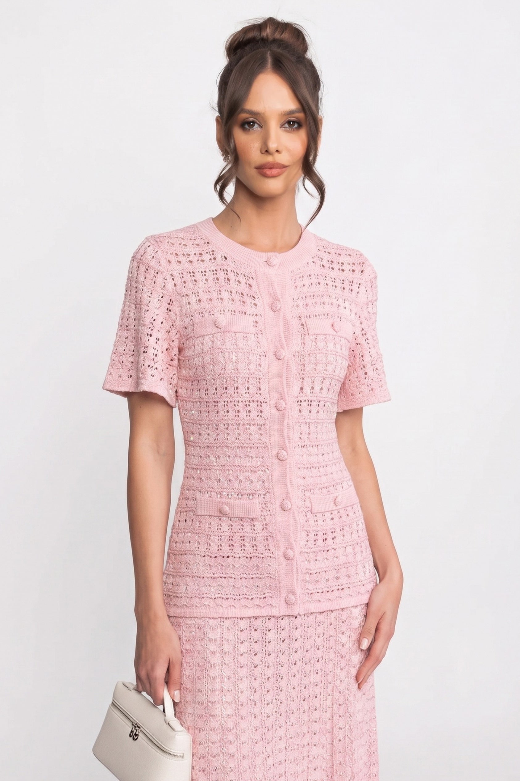 Short Sleeve Midi Dress With Shimmer Knit Texture - Pink