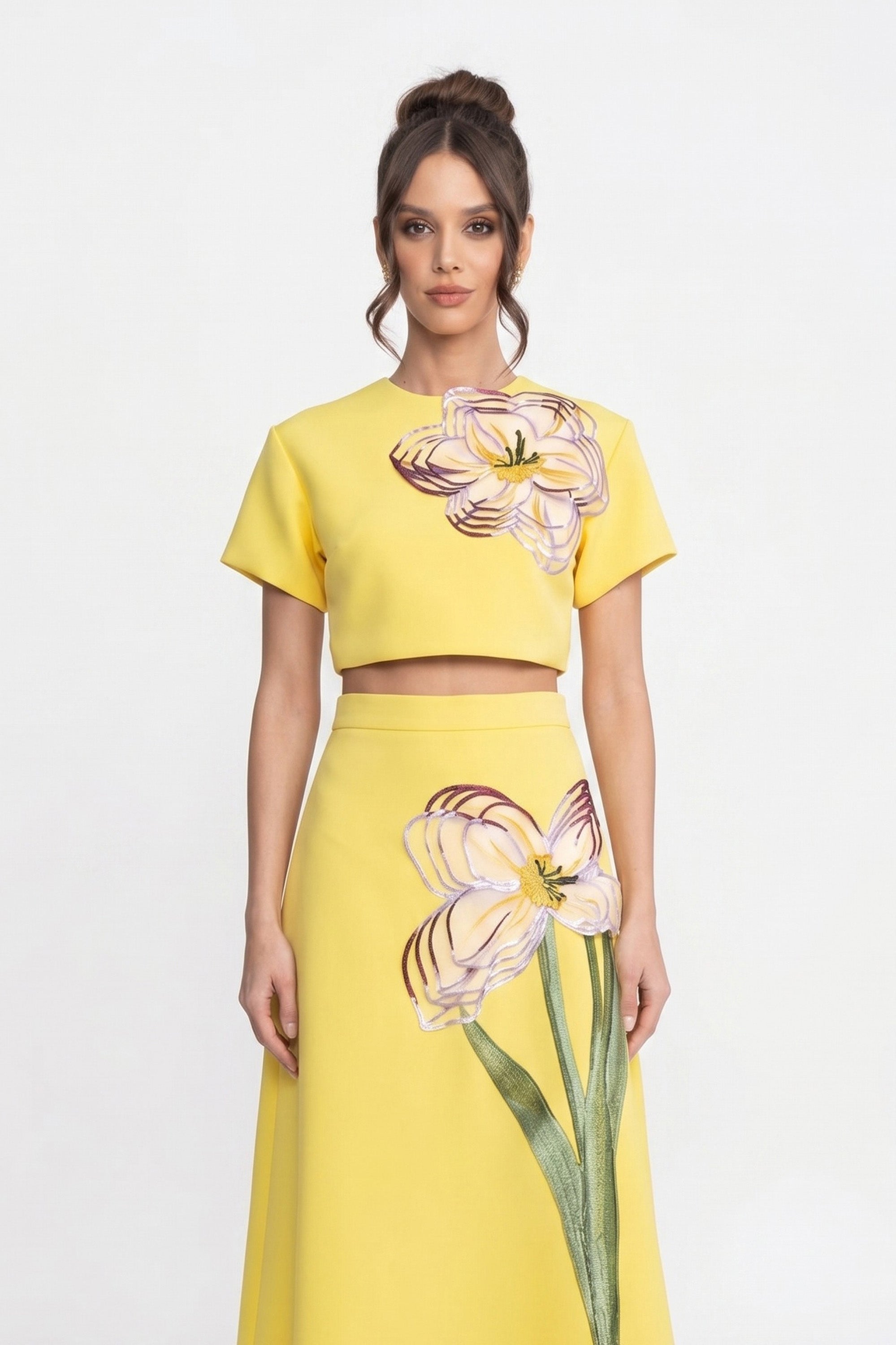 Short-Sleeve Floral-Print Co-Ord Set With Crop Top And Maxi Skirt - Yellow