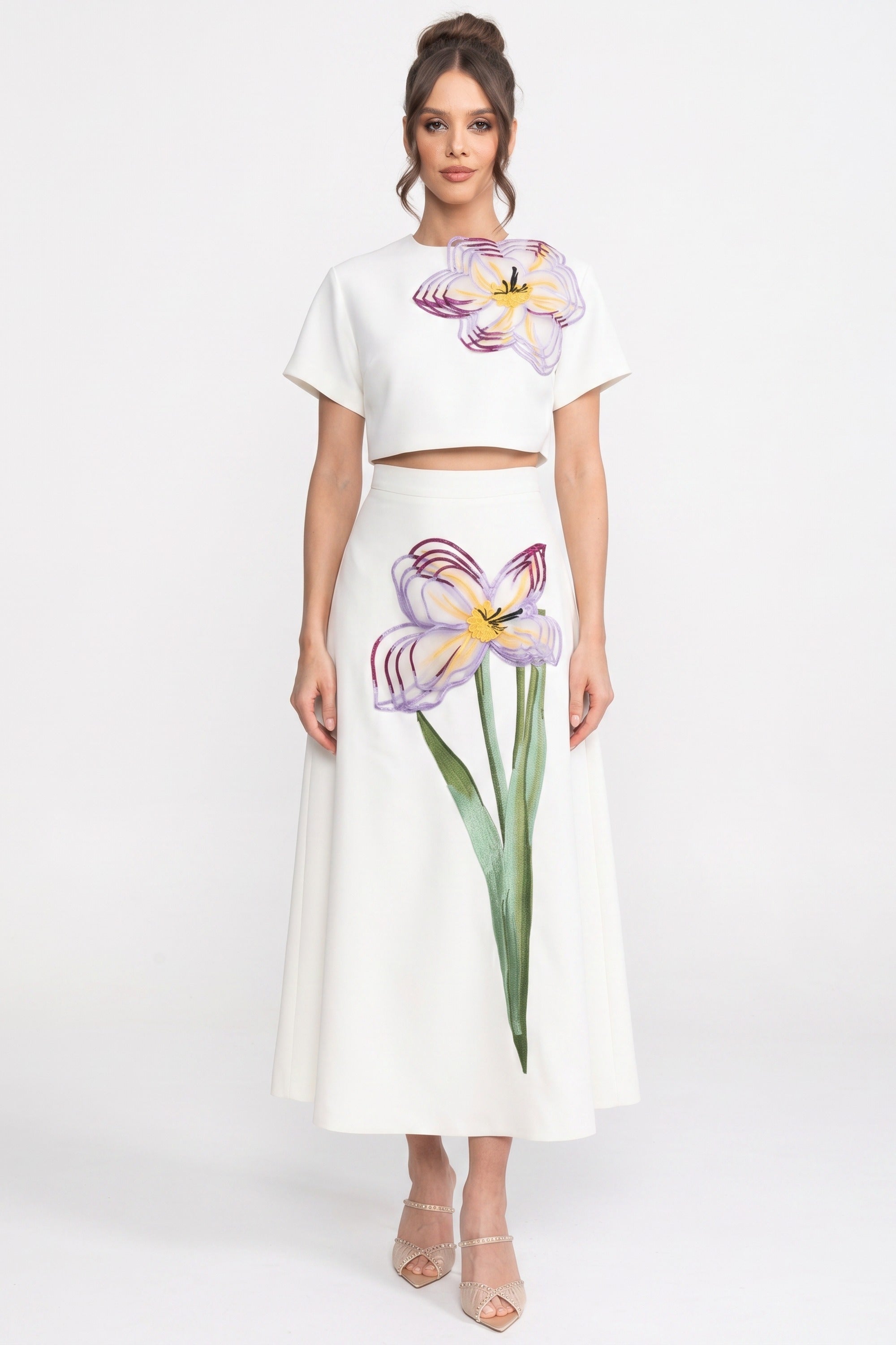 Short-Sleeve Floral-Print Co-Ord Set With Crop Top And Maxi Skirt - White