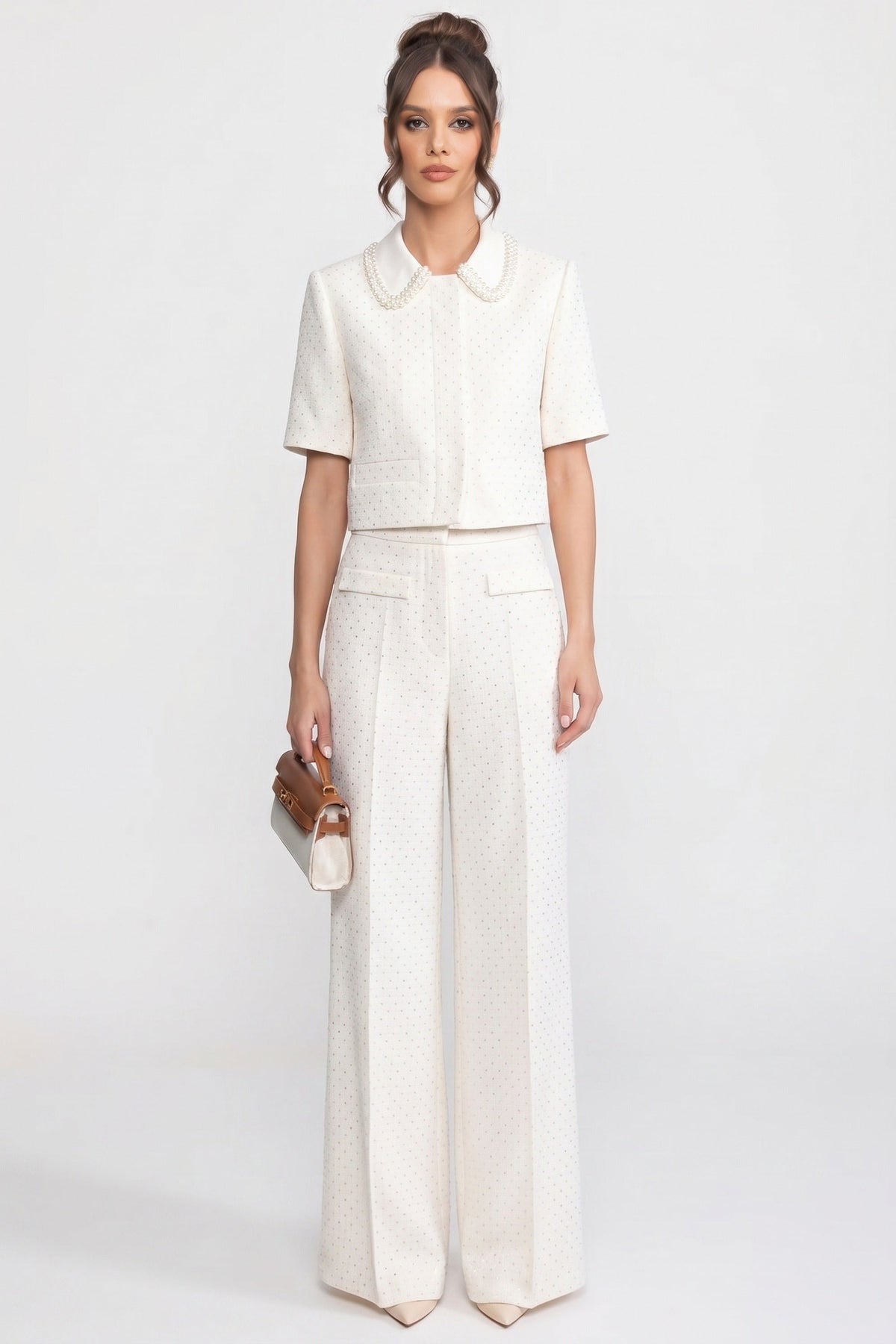 Thais Ivoire Wide-Leg Embellished Tweed Trousers With Patch Pockets