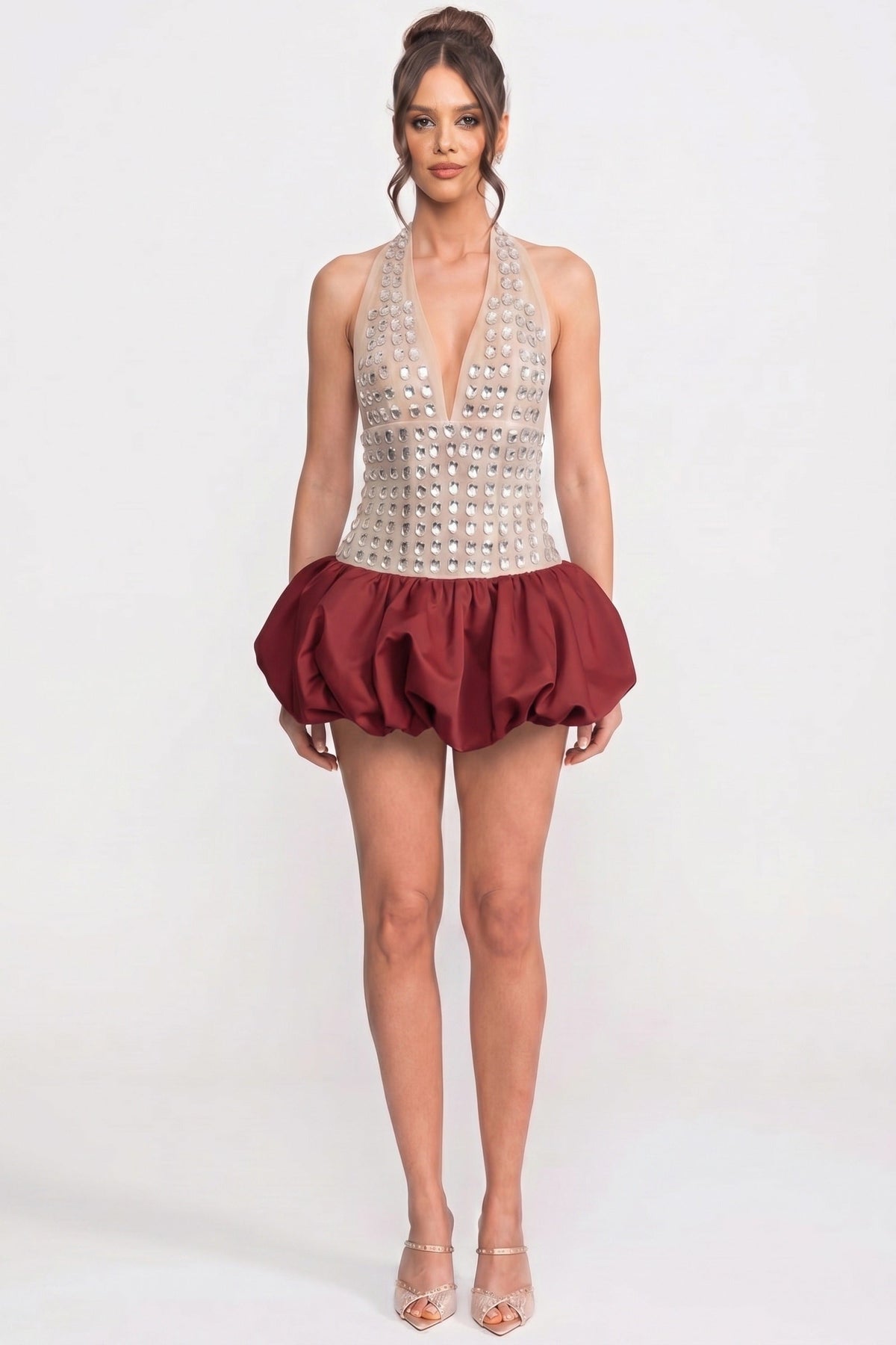 Crystal-Embellished Halter Mini Dress With Bubble Skirt - Red