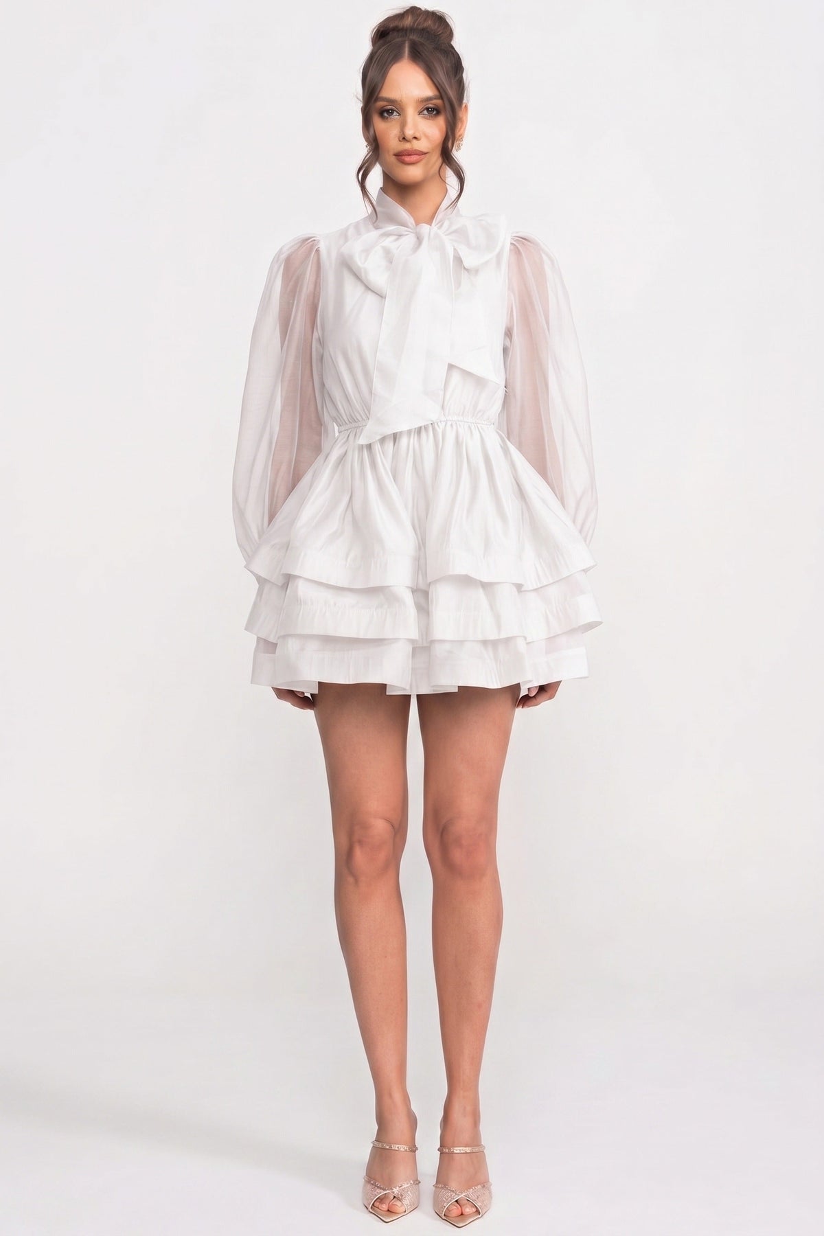 High-Neck Puff-Sleeve Mini Dress With Tiered Ruffle Skirt And Bow - White