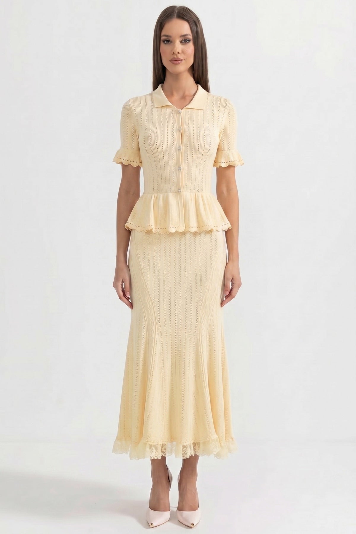 Ludivine Yellow Peter-Pan Collar Knit Peplum Maxi Dress With Lace Hem