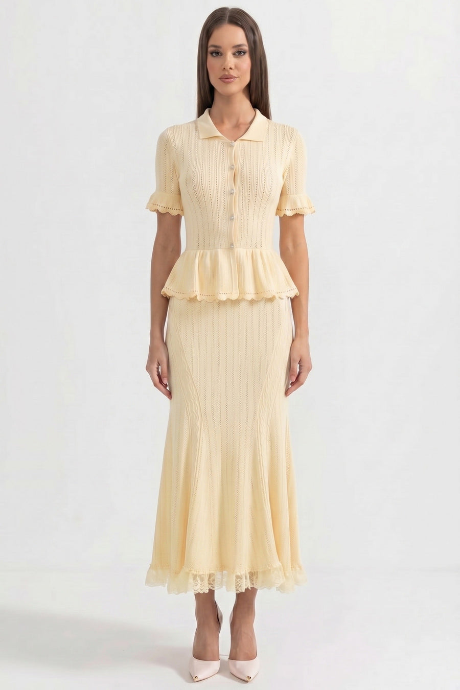 Ludivine Yellow Peter-Pan Collar Knit Peplum Maxi Dress With Lace Hem