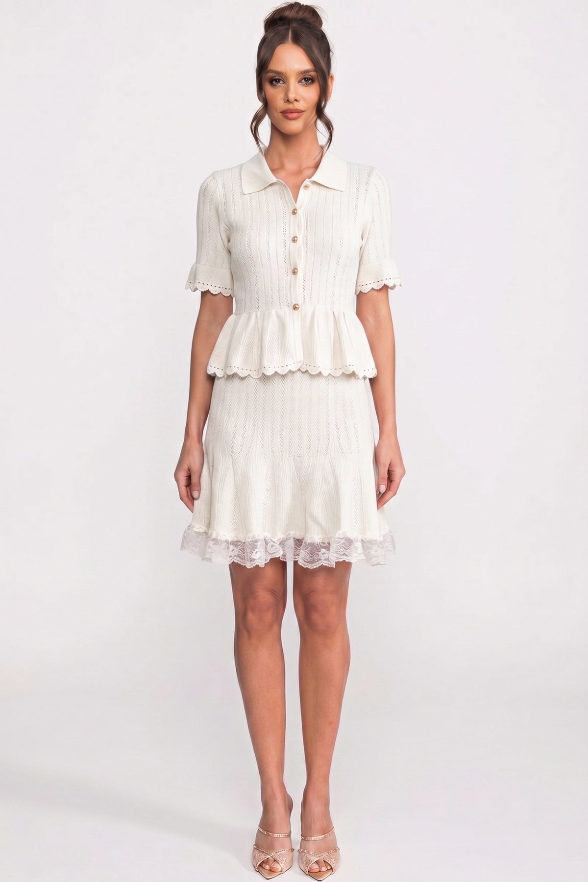 Polo-Collar Mini Dress With Button Top, Peplum Waist And Lace Hem - White