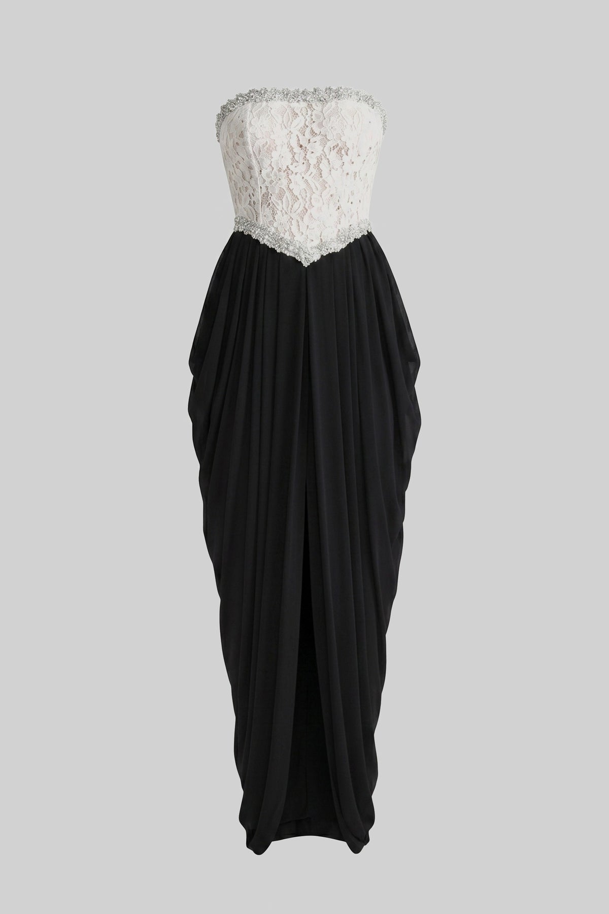 Strapless Gown With 3D Floral Corset Bodice And Draped Black Skirt - White+Black