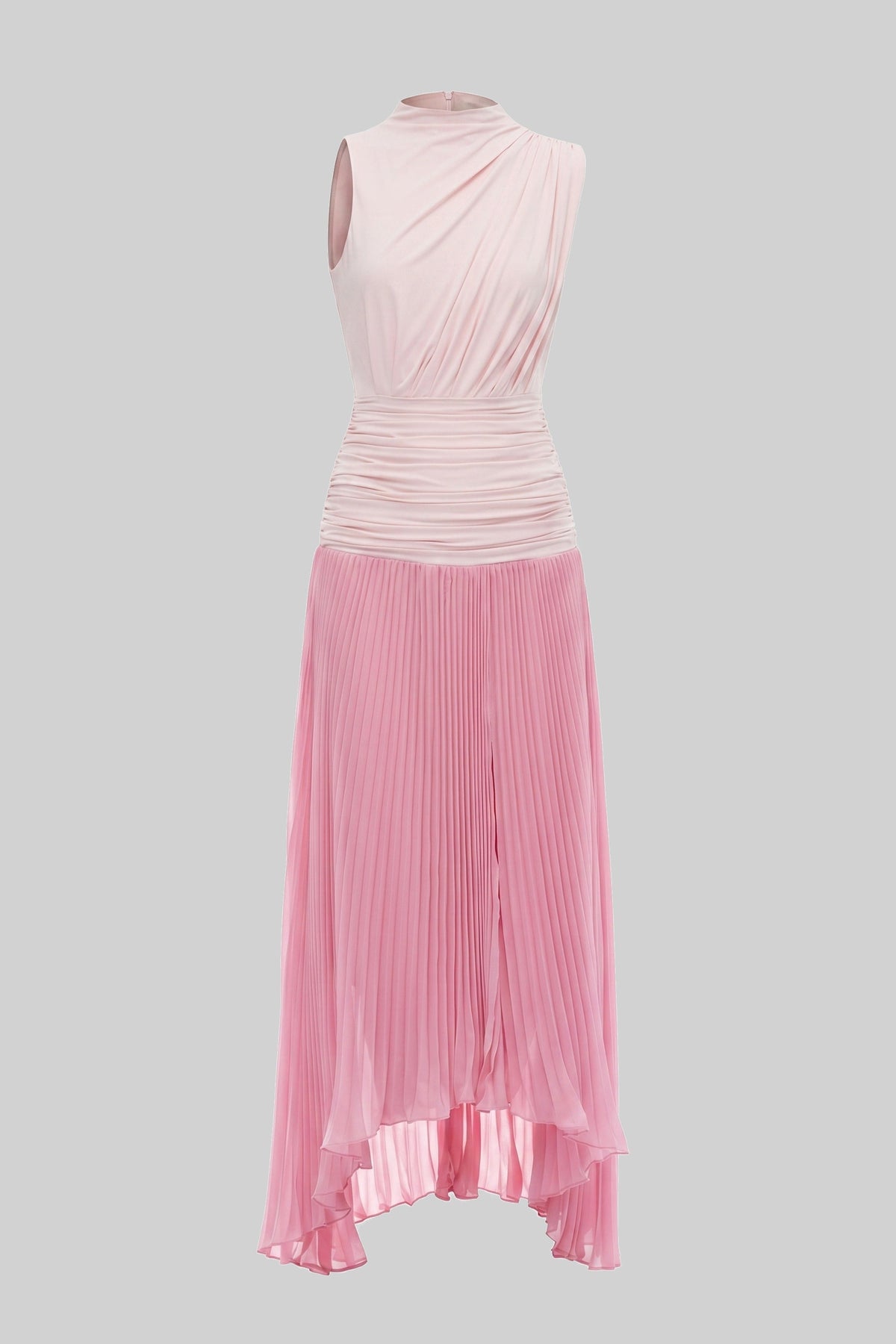 Halter Neck Pleated Maxi Dress With Gathered Waist Detail - Pink