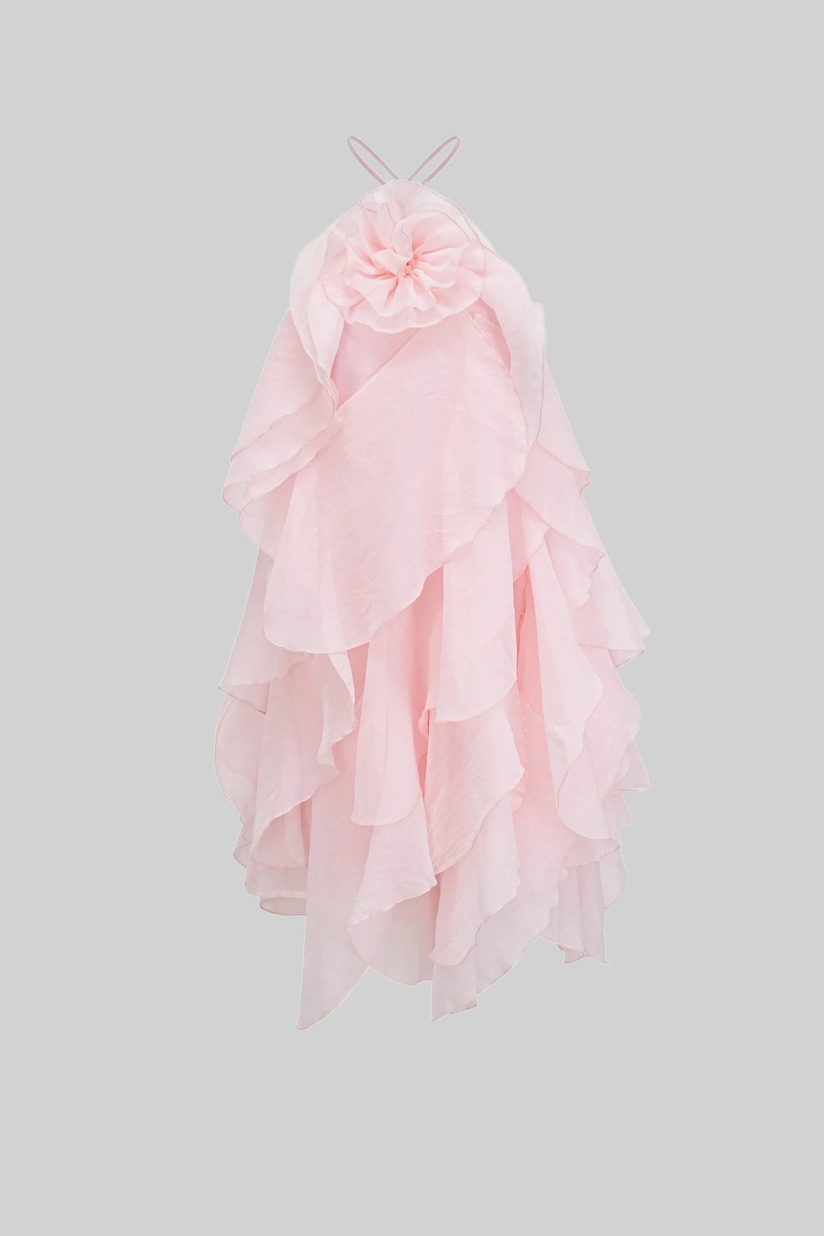 Tiered Ruffle Mini Dress With 3D Floral Halter Neck - Pink