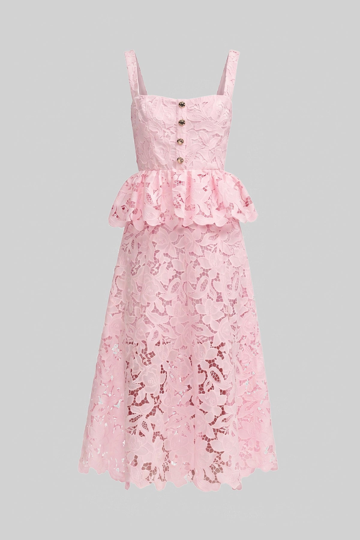 Sleeveless Lace Peplum Dress With Midi Skirt And Golden Buttons - Pink