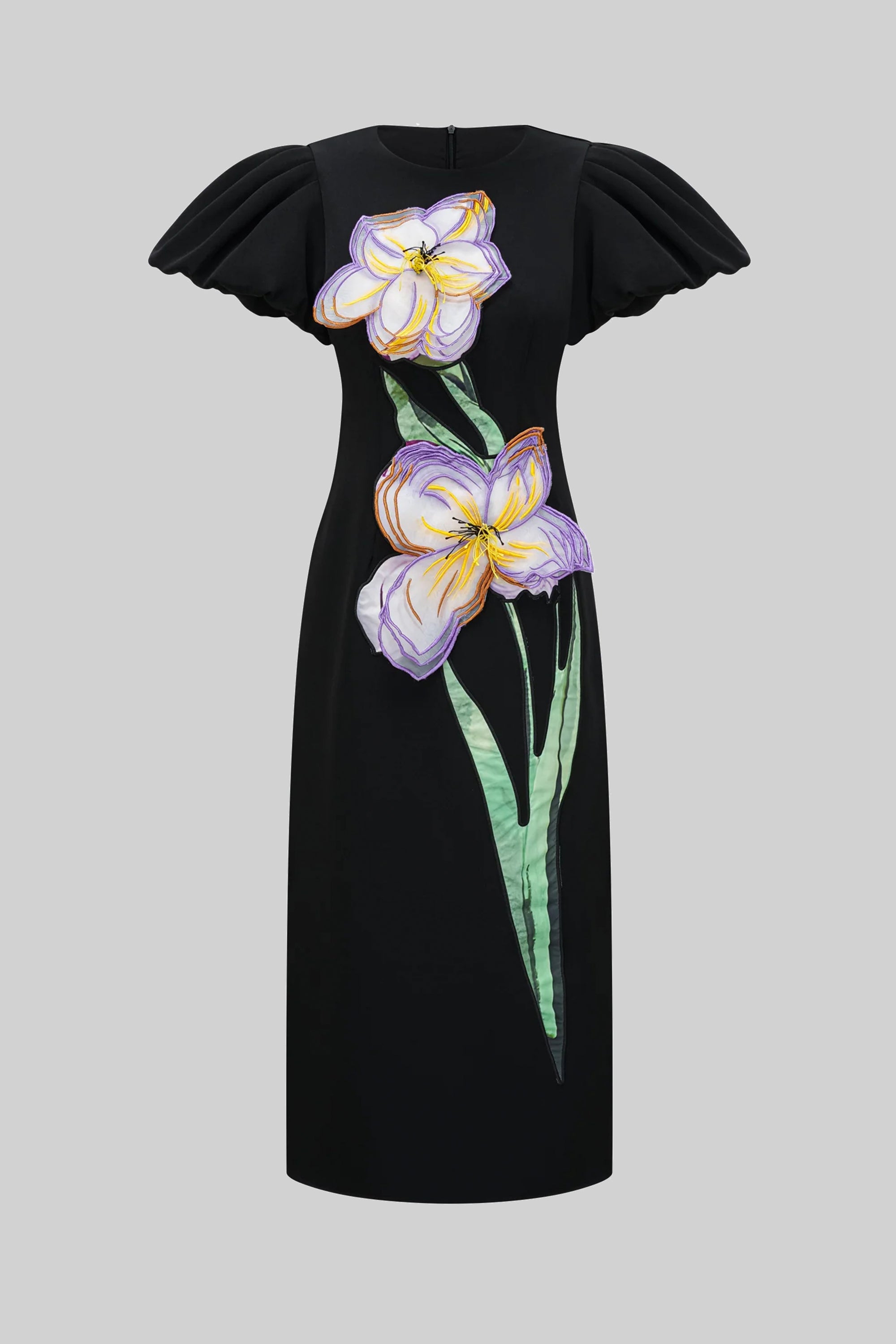 Structured Shoulder Maxi Dress With 3D Iris Floral Appliqué - Black