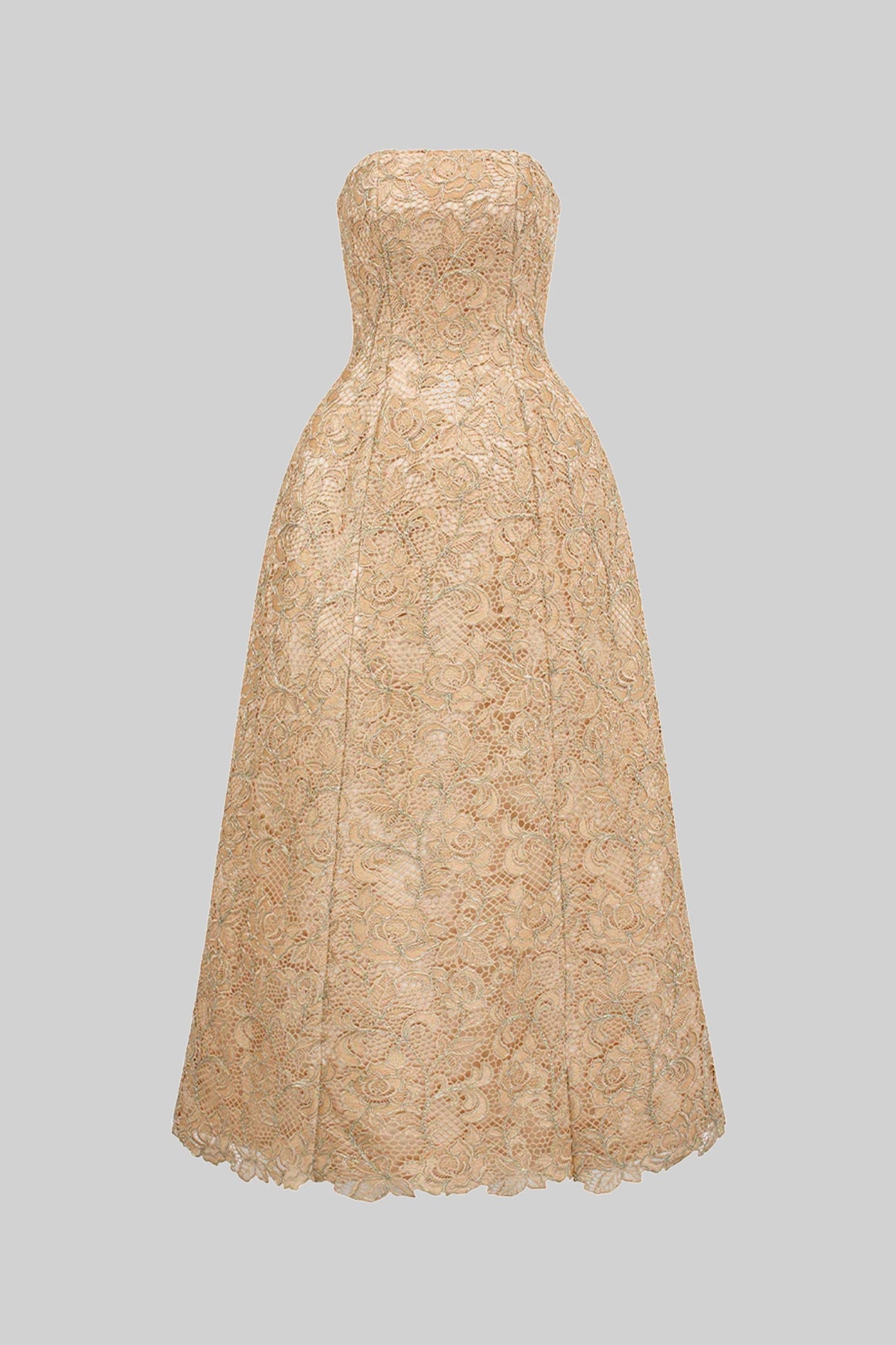 Strapless Floral Lace Ballgown With Full A-Line Skirt - Gold