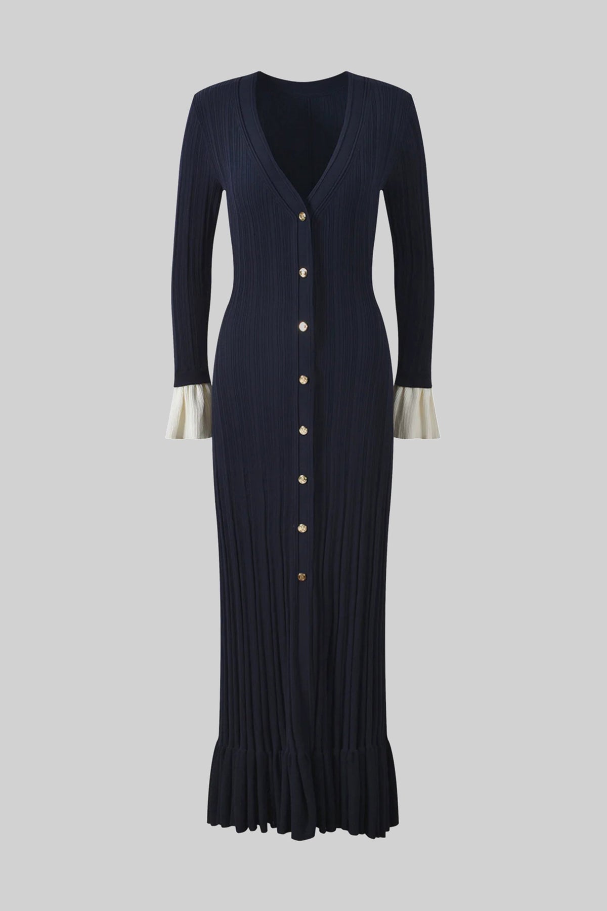 Felicite Navy Long-Sleeve Button-Front Pleated Knit Maxi Dress With Contrast Cuffs