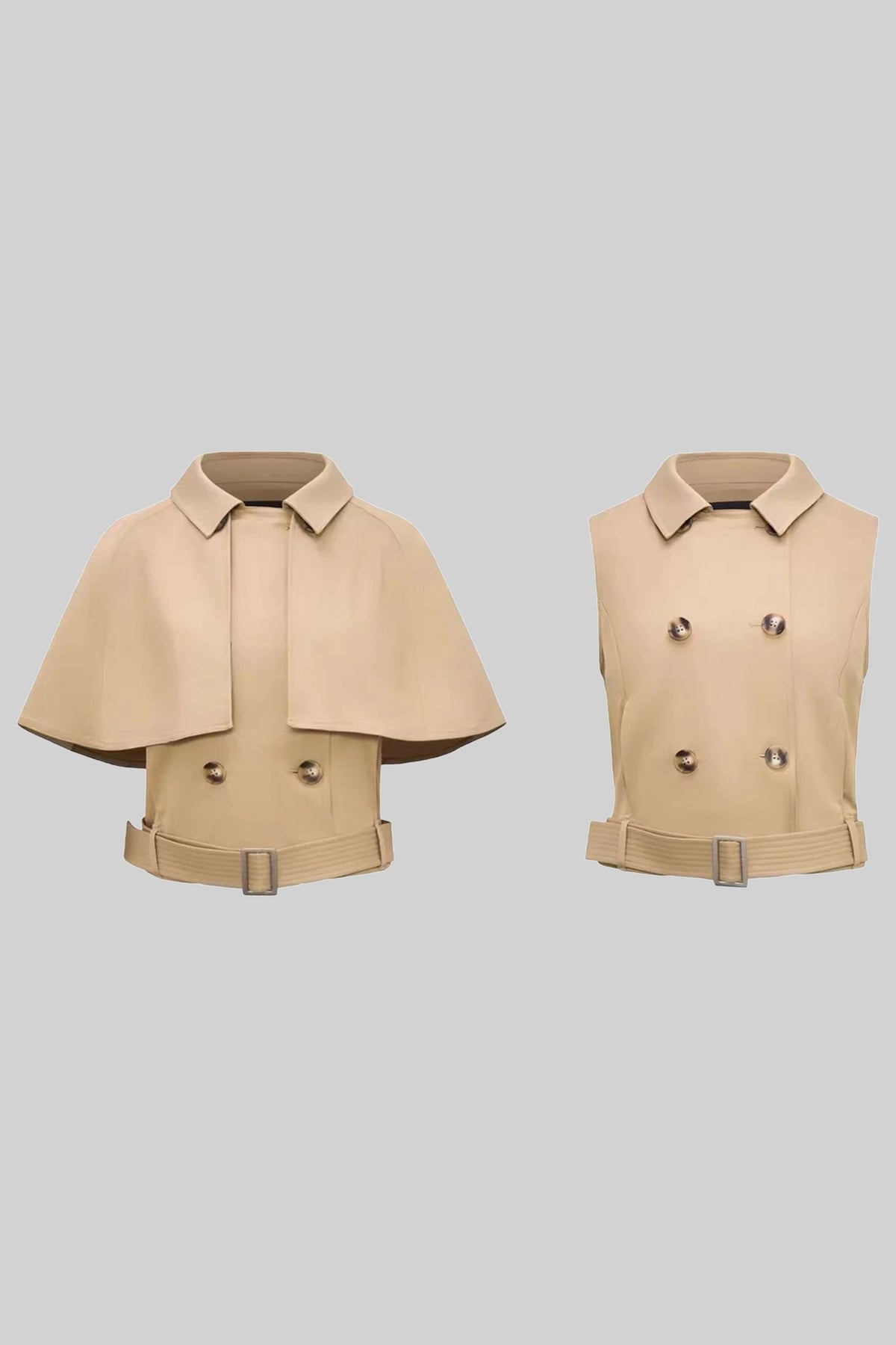 Double-Breasted Top With Spread Collar And Detachable Cape - Khaki