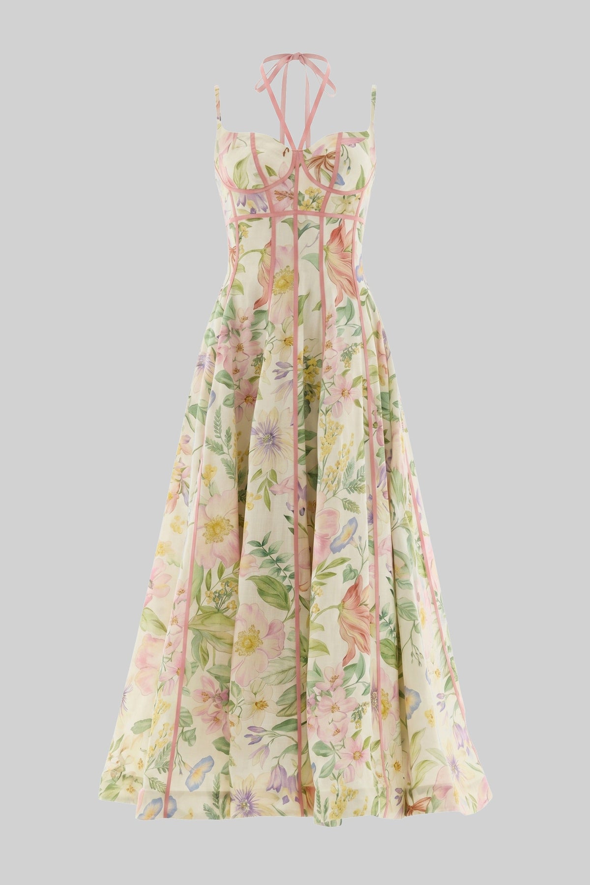 Sweetheart Corset Midi Dress With Floral Print And Pink Ribbon Trim - Multicolor