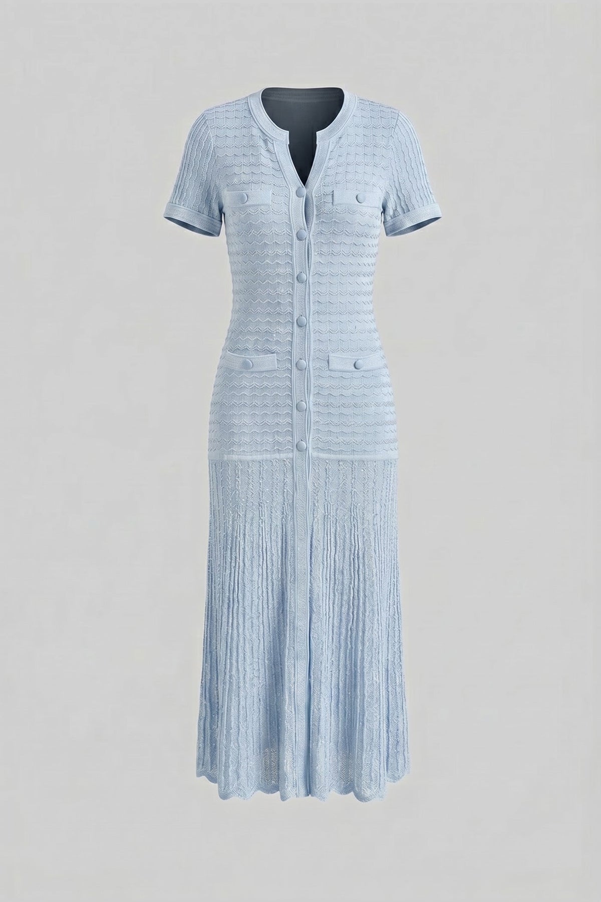 Yvonne Light Blue Short Sleeve Midi Dress With Shimmer Knit Texture